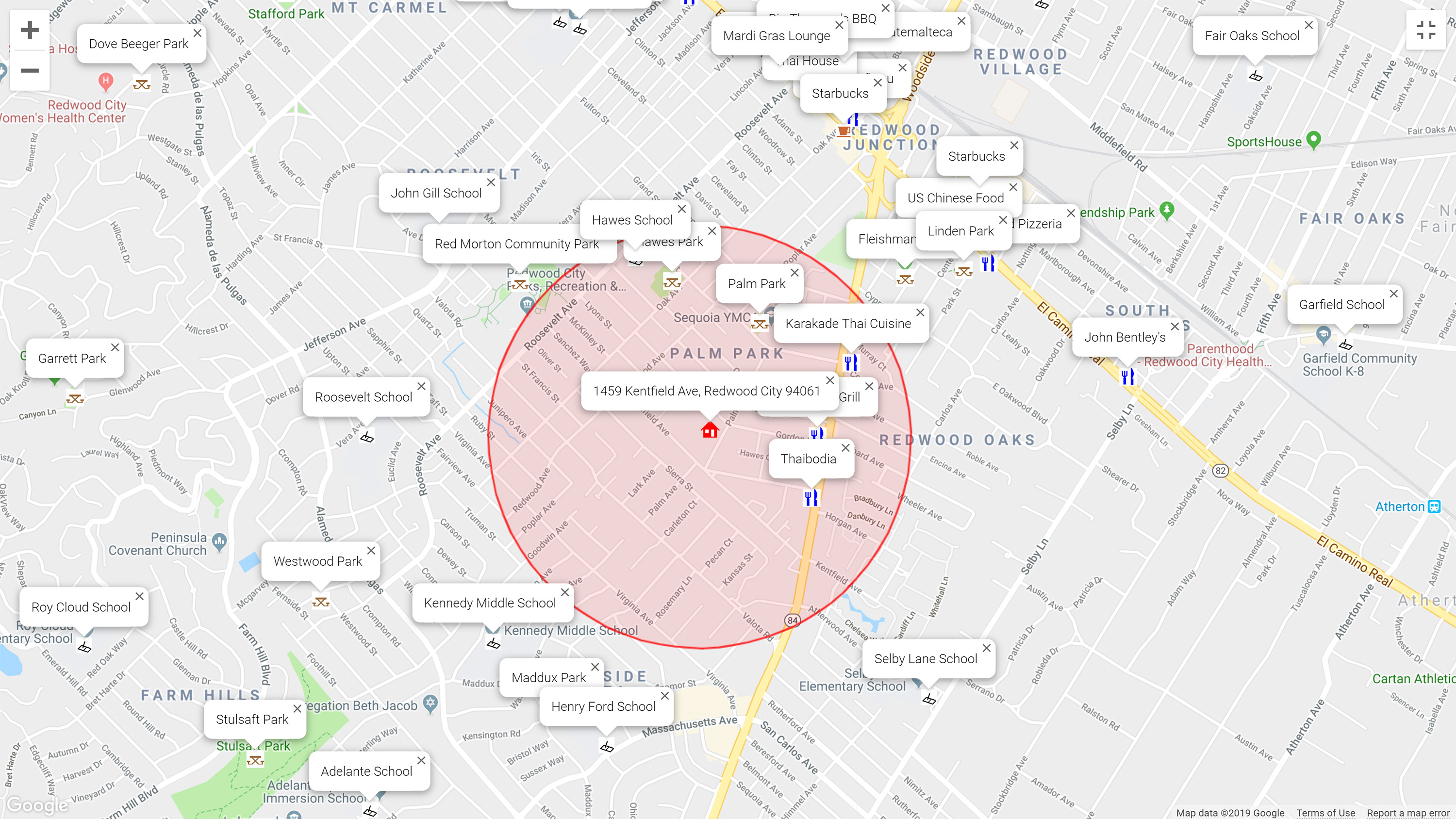 Map of attractions near 1459 Kentfield Ave, Redwood City 94061