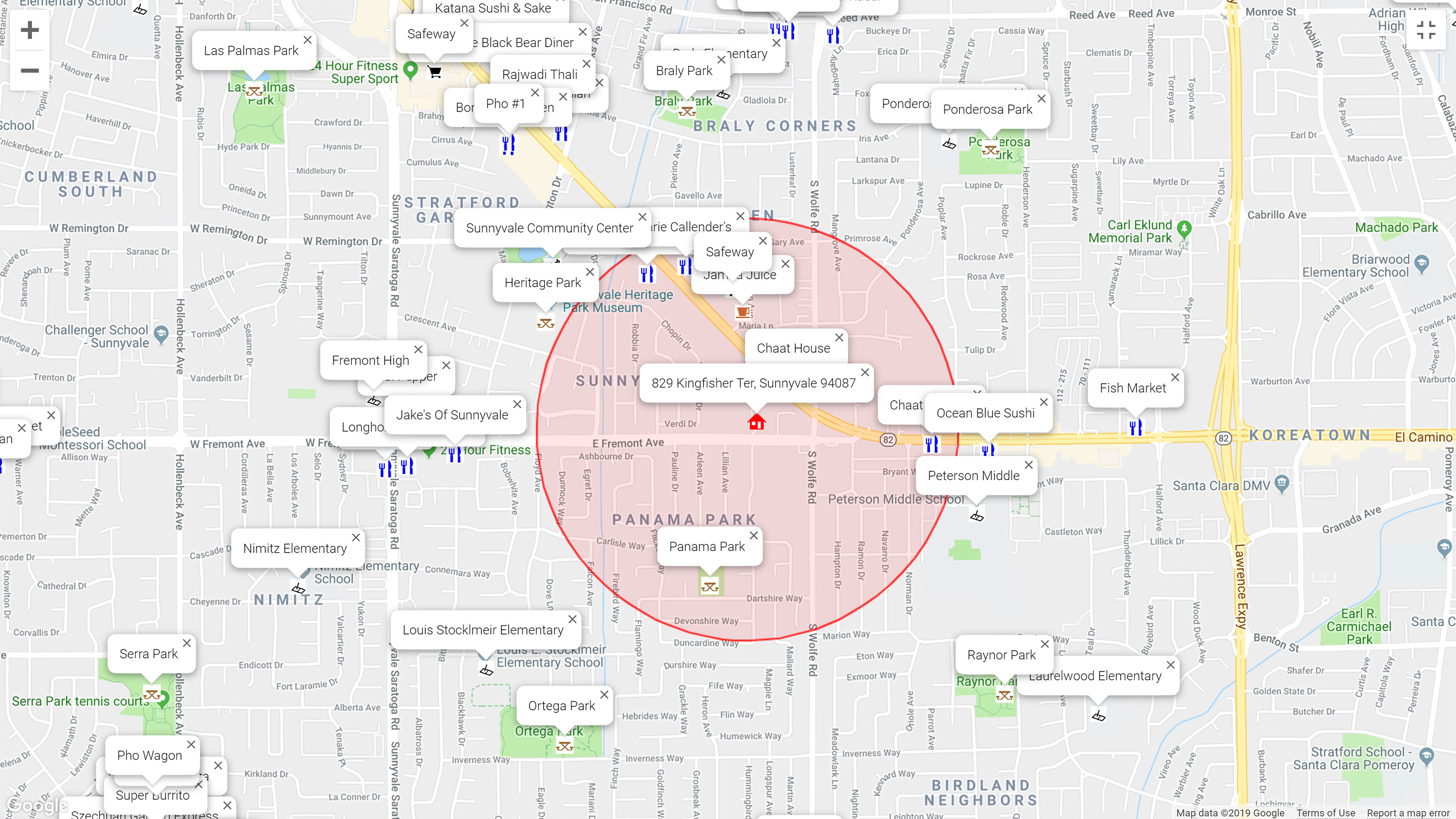 Map of attractions near 829 Kingfisher Ter, Sunnyvale 94087