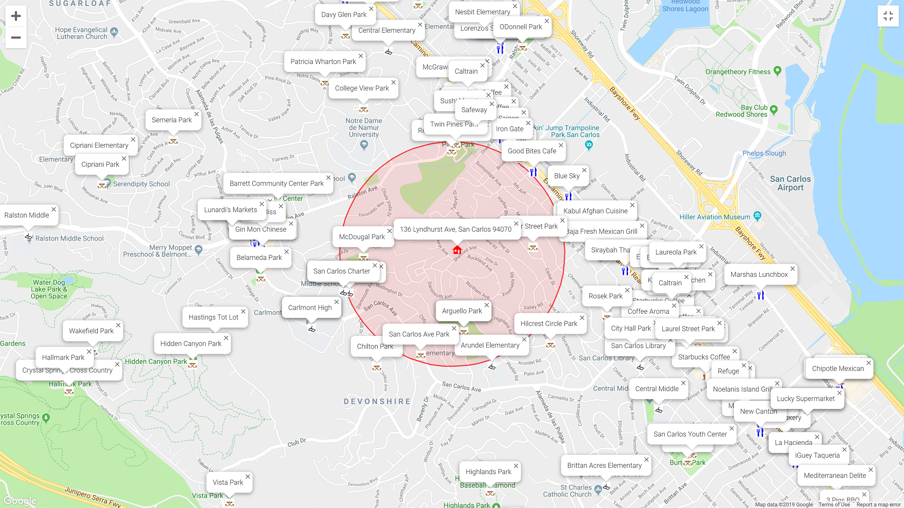 Map of attractions near 136 Lyndhurst Ave, San Carlos 94070