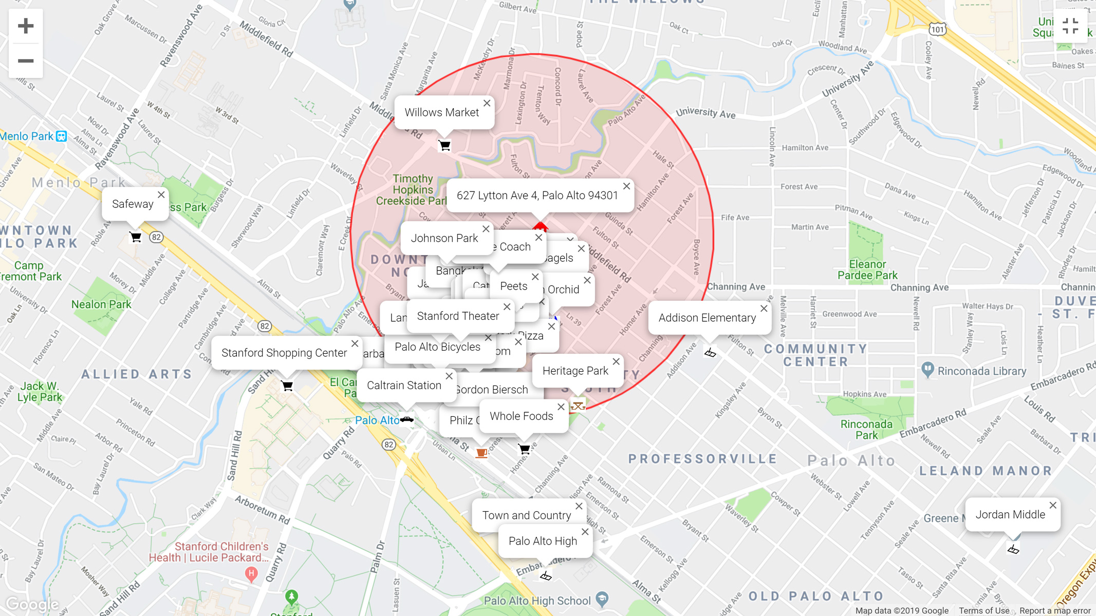 Map of attractions near 627 Lytton Ave 4, Palo Alto 94301