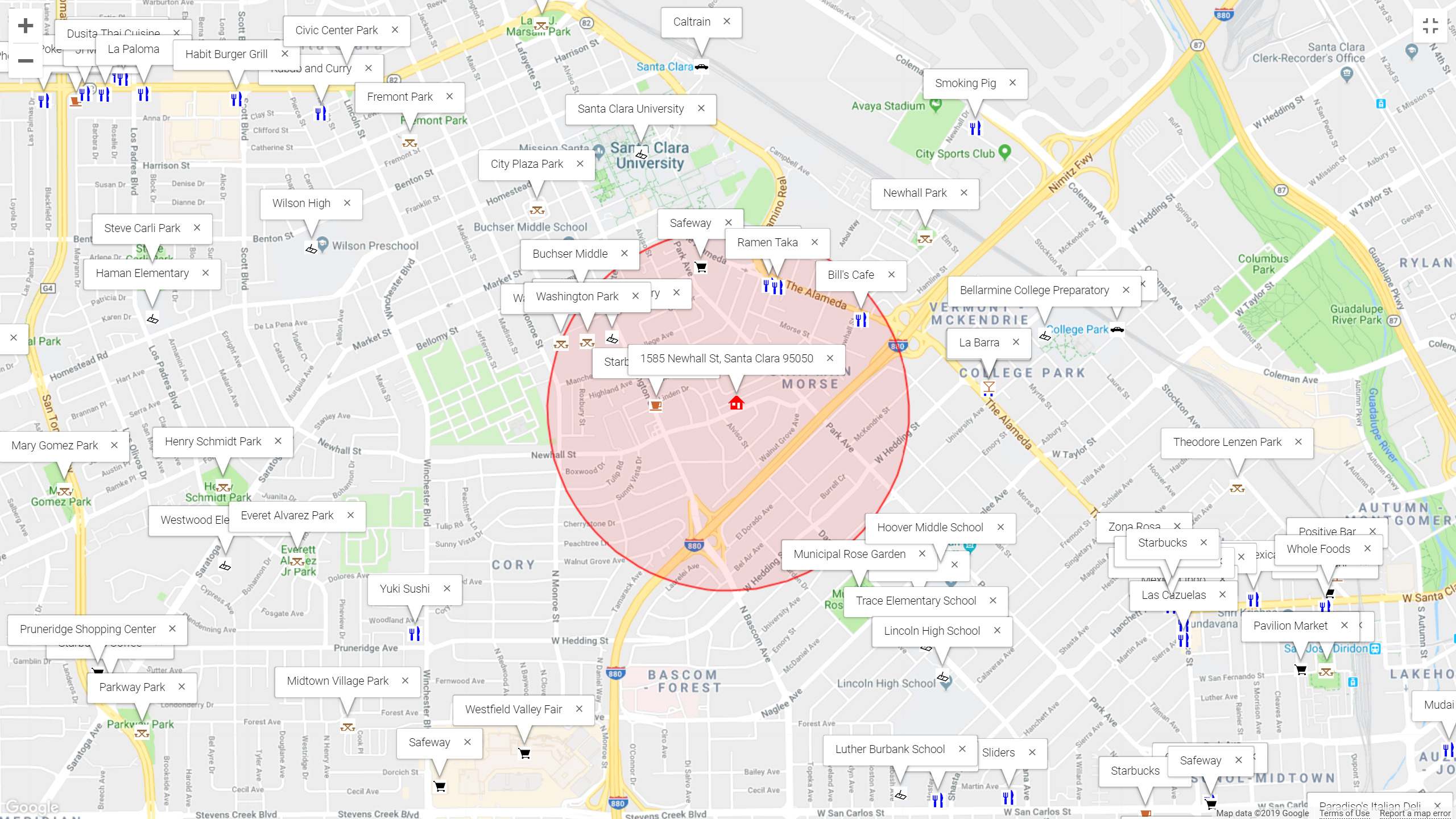 Map of attractions near 1585 Newhall St, Santa Clara 95050