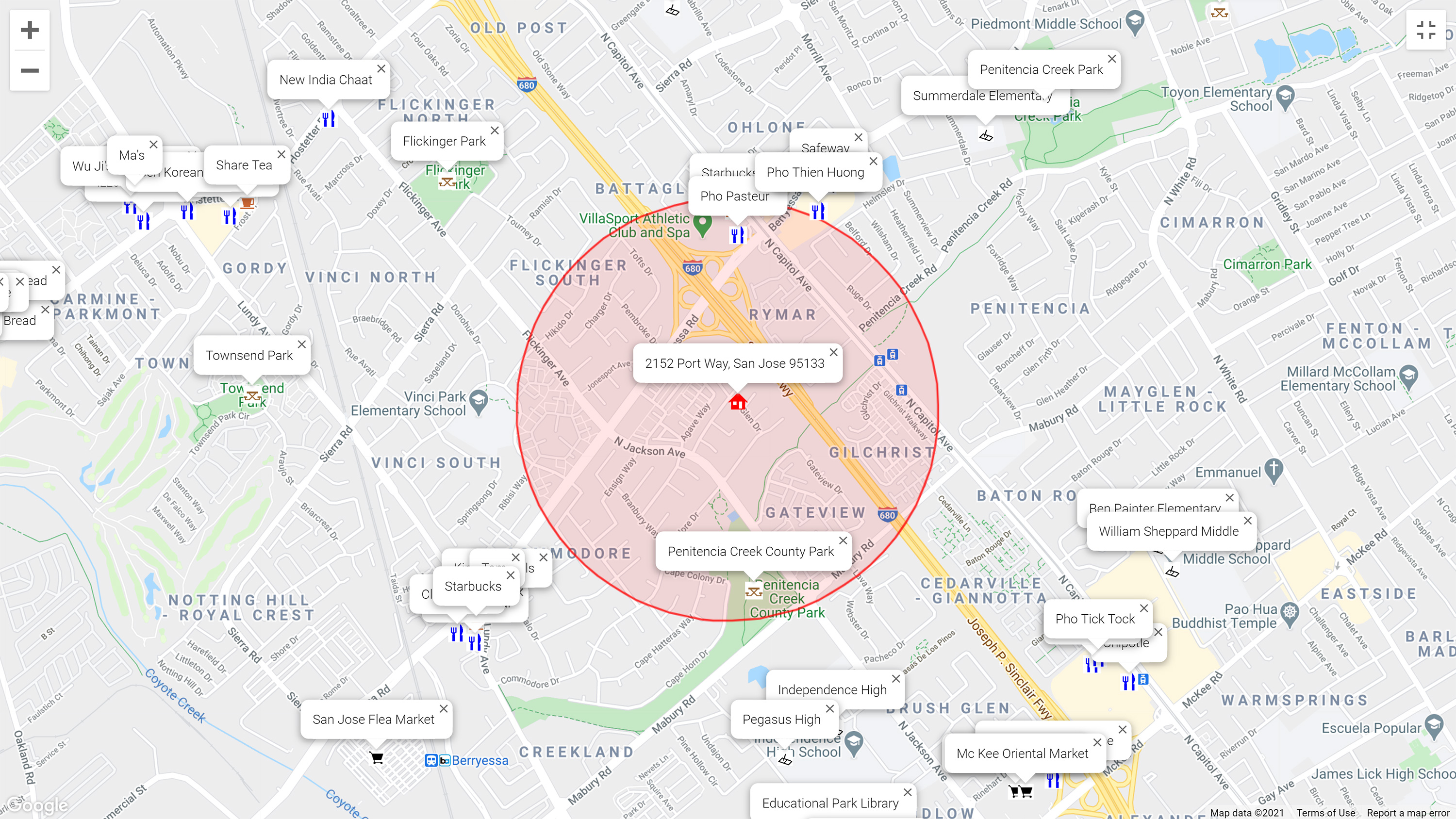 Map of attractions near 2152 Port Way, San Jose 95133