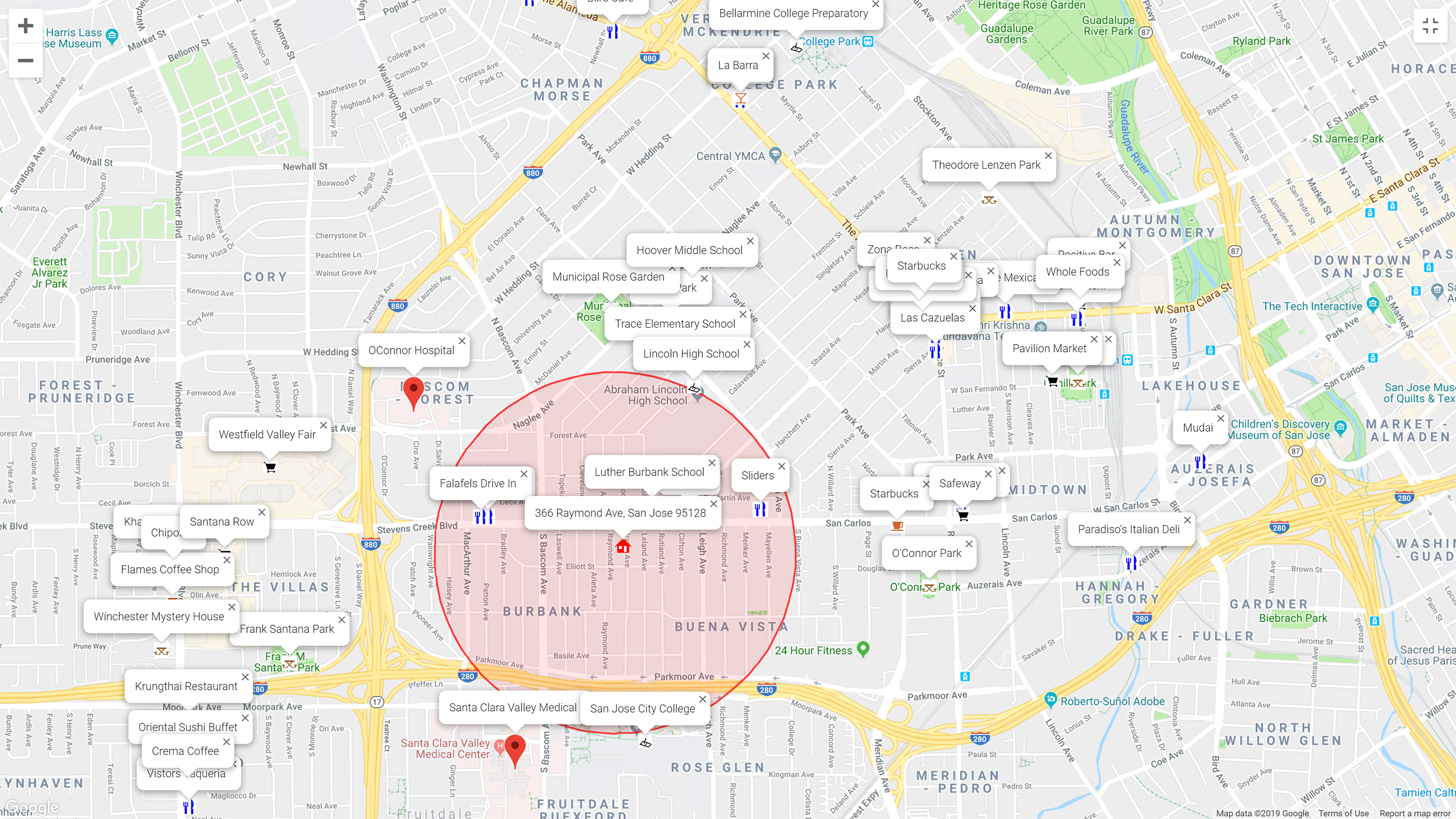 Map of attractions near 366 Raymond Ave, San Jose 95128