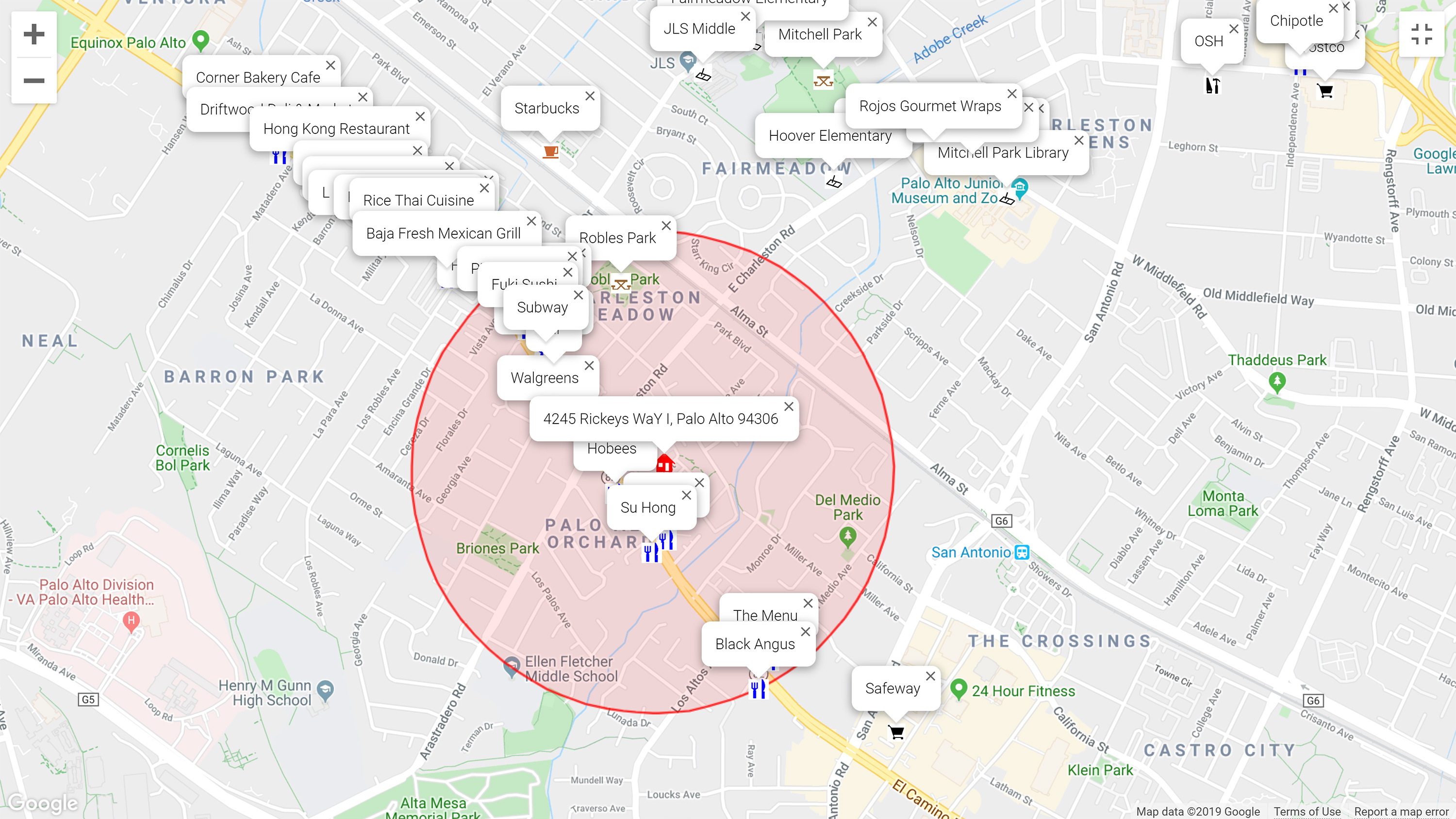 Map of attractions near 4245 Rickeys Way I, Palo Alto 94306