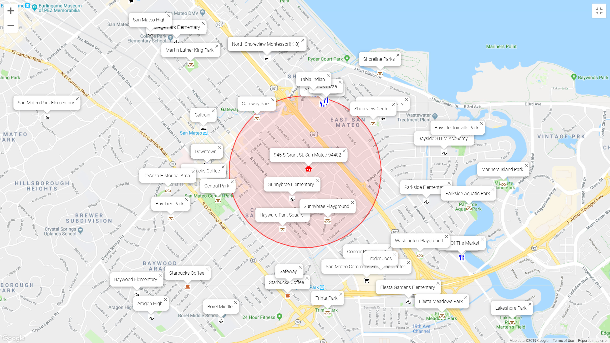 Map of attractions near 945 S Grant St, San Mateo 94402