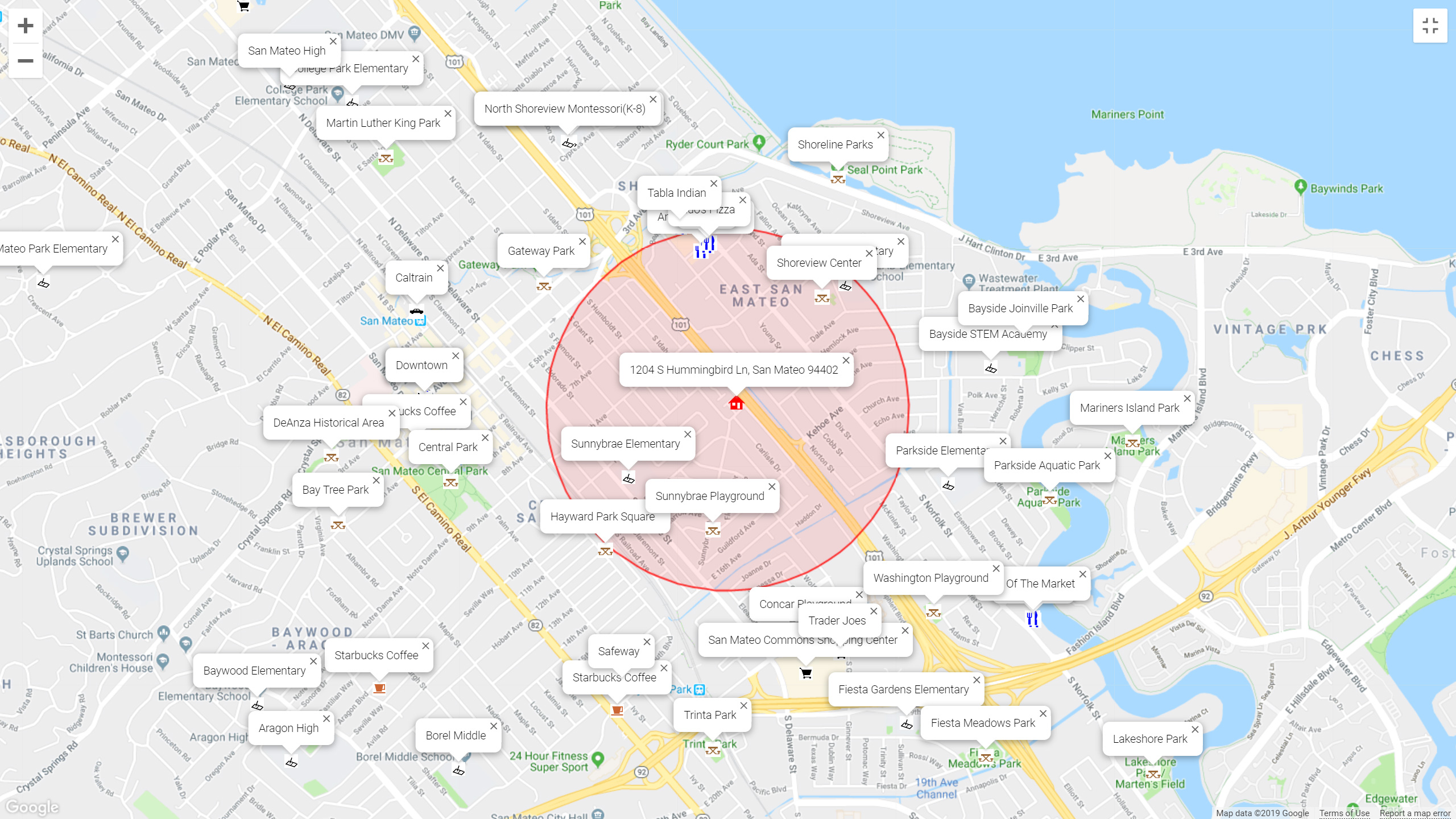 Map of attractions near 1204 S Hummingbird Ln, San Mateo 94402