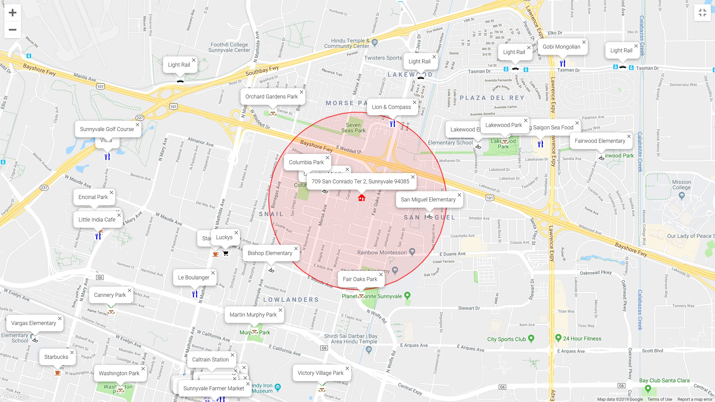 Map of attractions near 709 San Conrado Ter 2, Sunnyvale 94085
