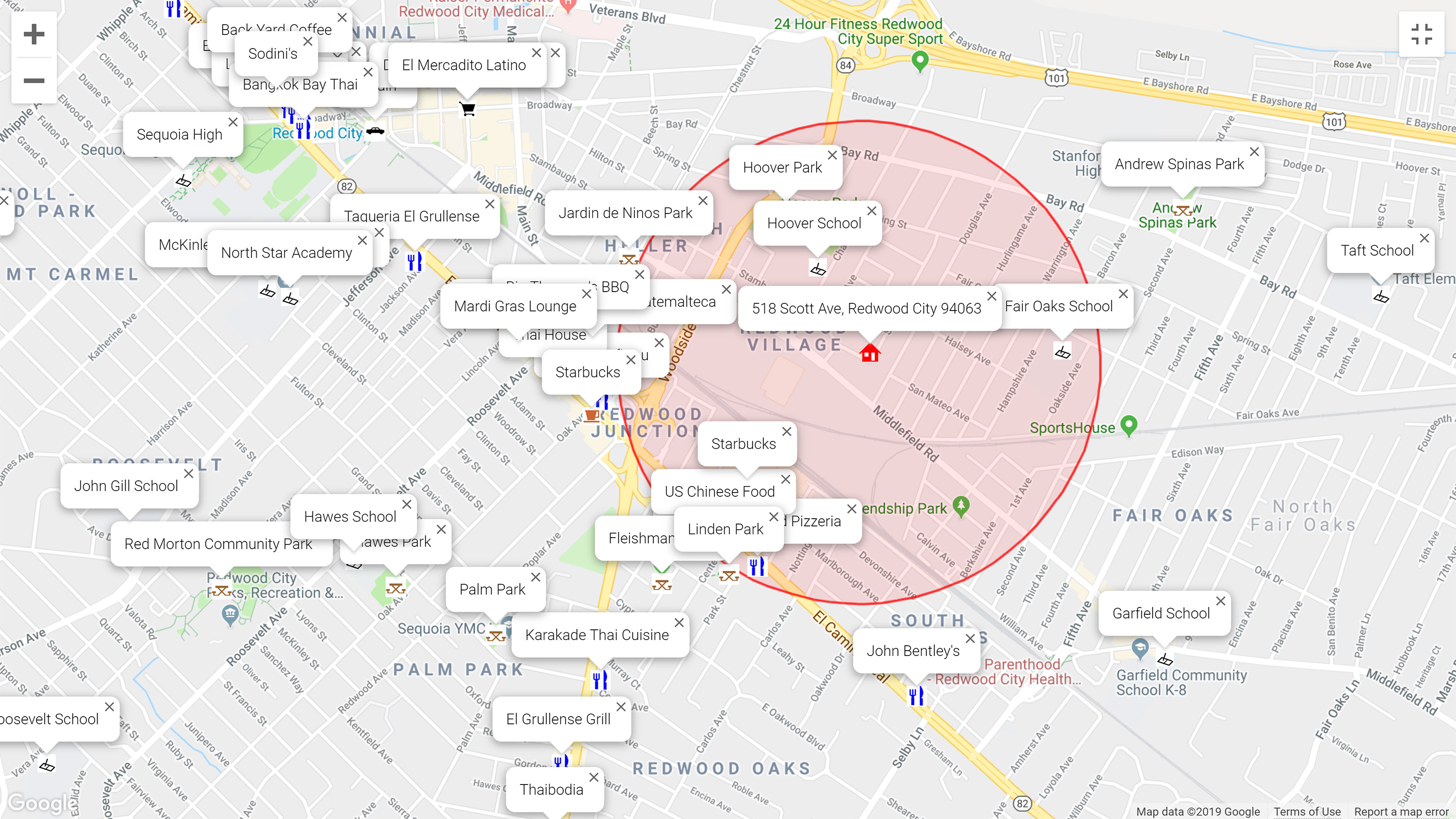Map of attractions near 518 Scott Ave, Redwood City 94063