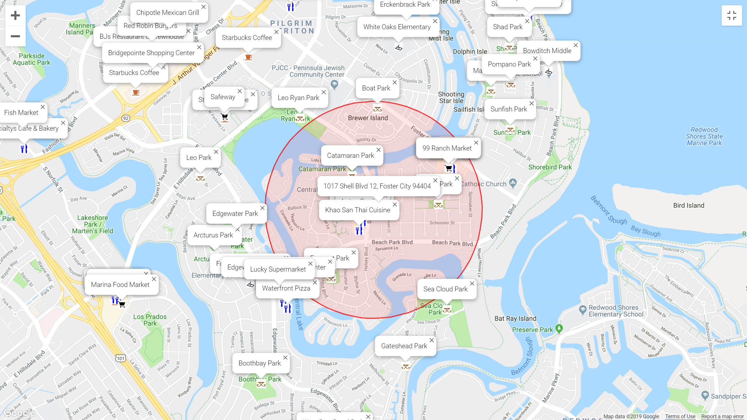 Map of attractions near 1017 Shell Blvd 12, Foster City 94404