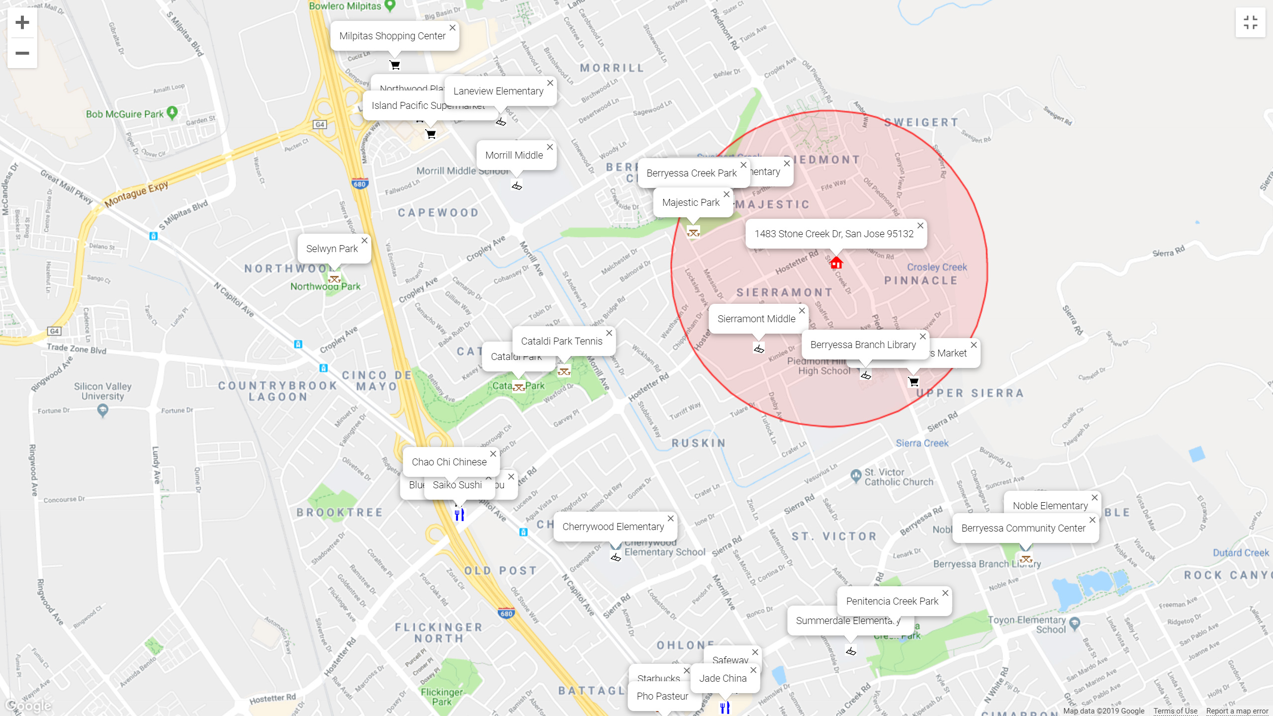 Map of attractions near 1483 Stone Creek Dr, San Jose 95132