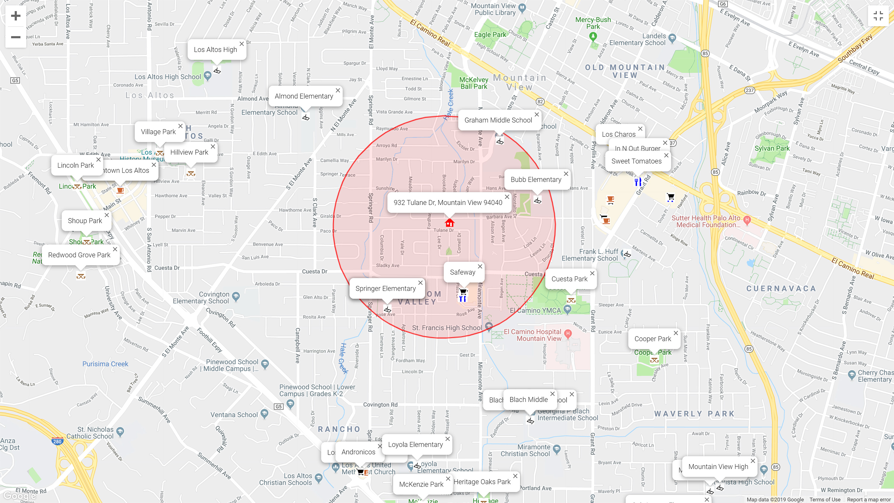 Map of attractions near 932 Tulane Dr, Mountain View 94040