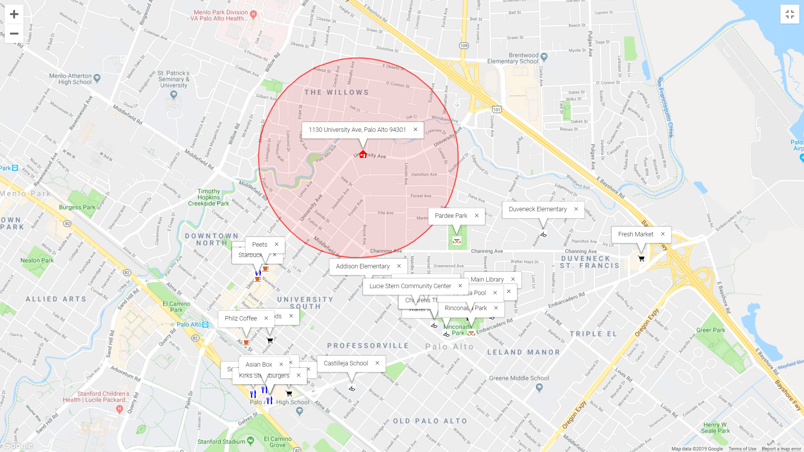 Map of attractions near 1130 University Ave, Palo Alto 94301