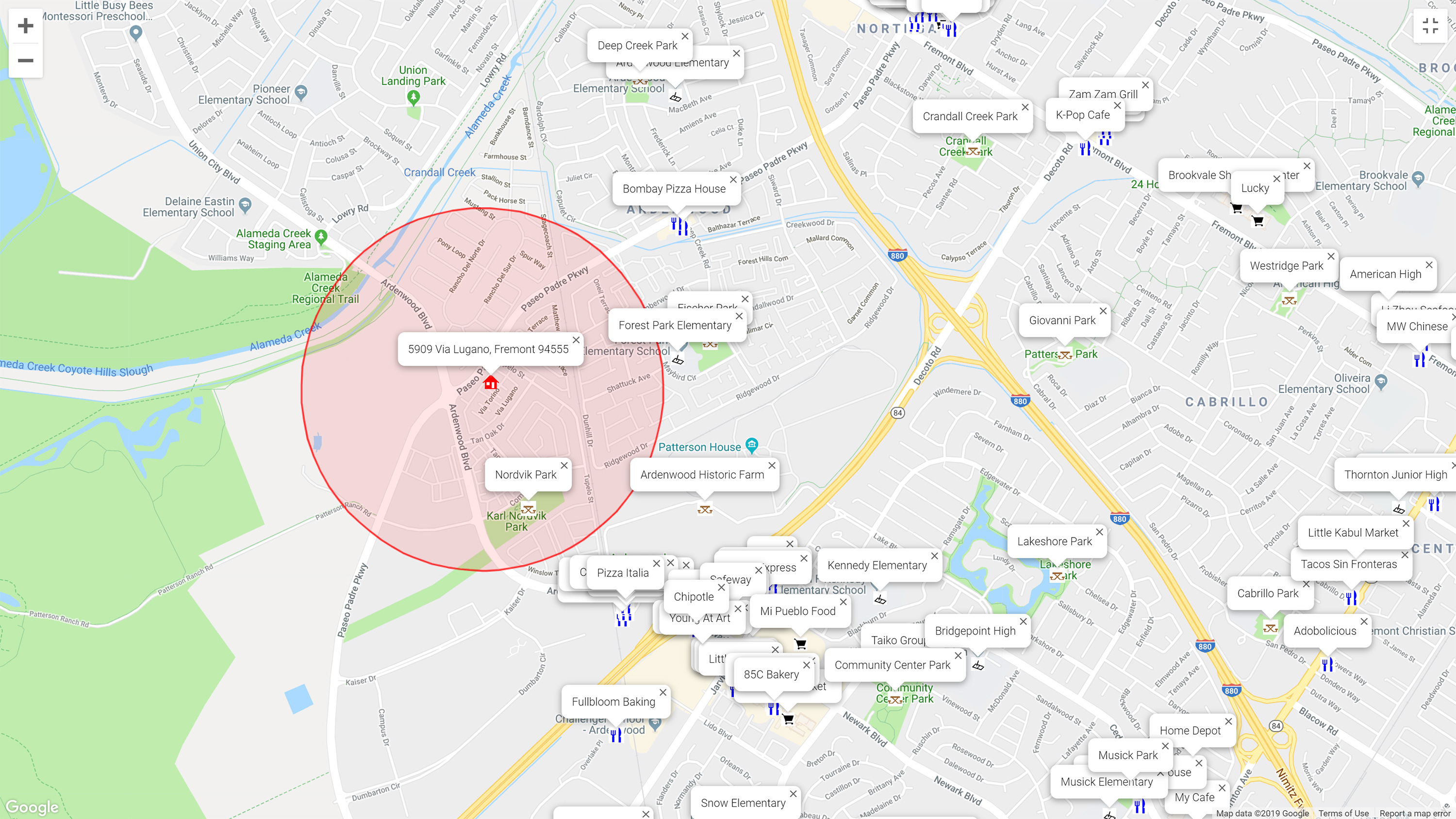 Map of attractions near 5909 Via Lugano, Fremont 94555