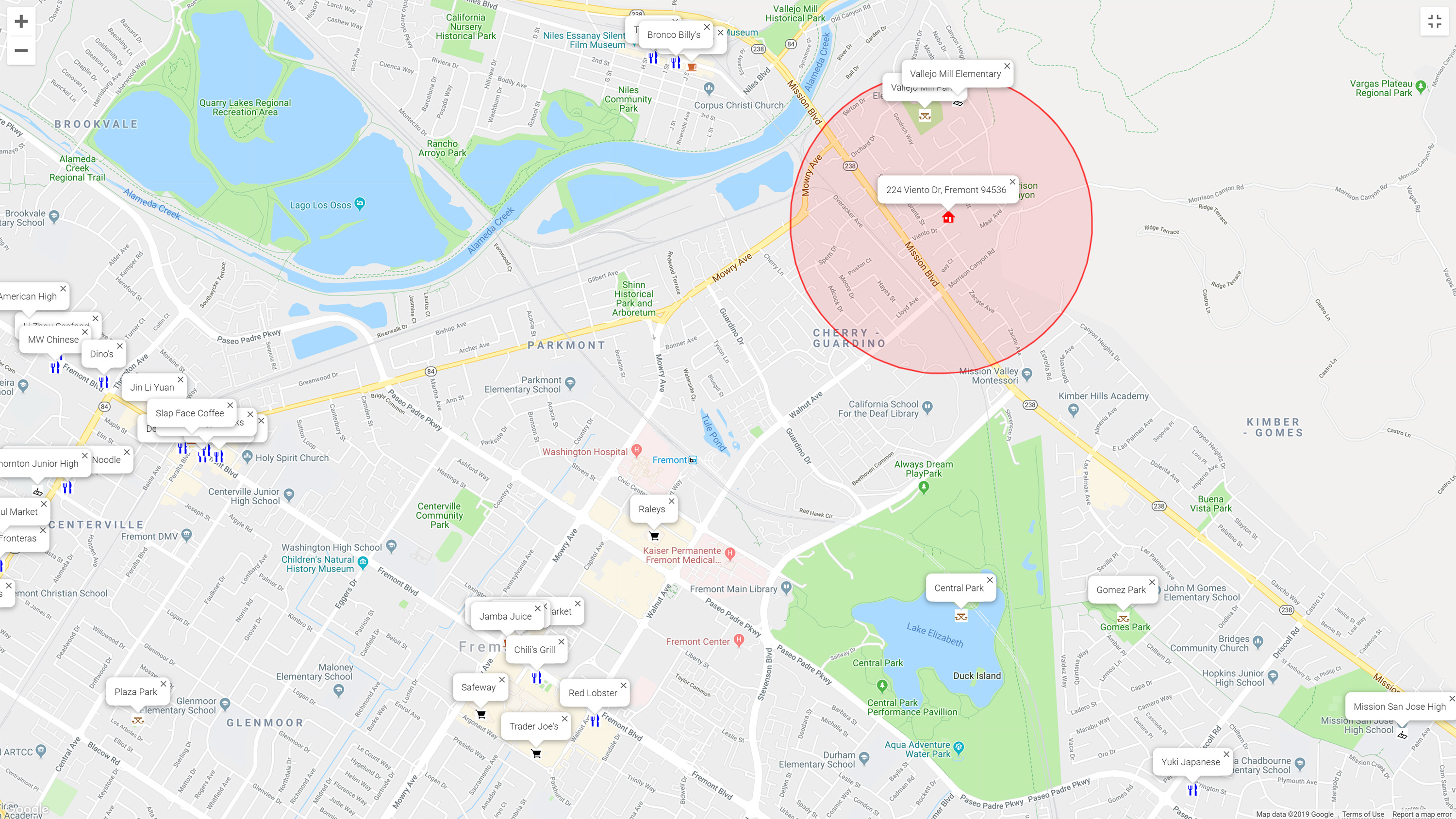 Map of attractions near 224 Viento Dr, Fremont 94536
