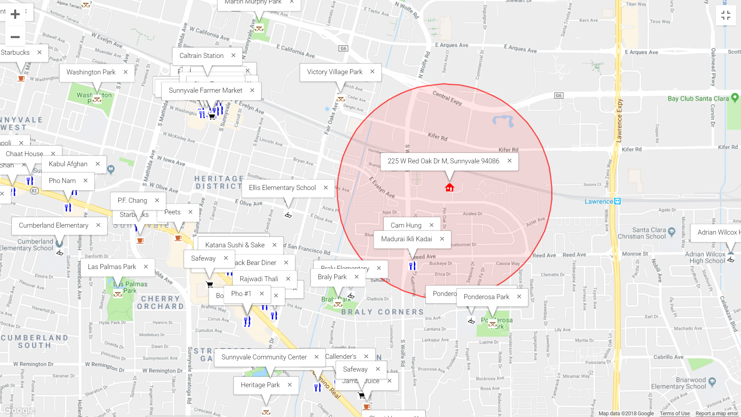 Map of attractions near 225 W Red Oak Dr M, Sunnyvale 94086