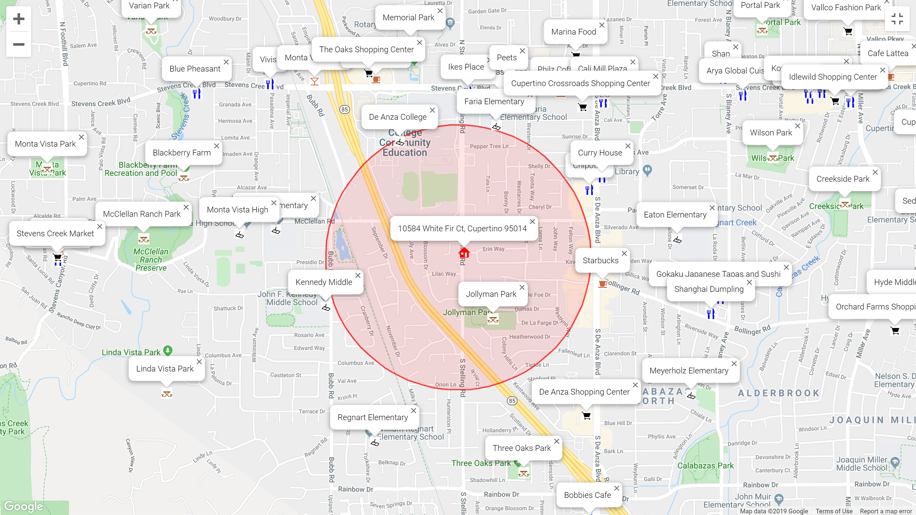 Map of attractions near 10584 White Fir Ct, Cupertino 95014