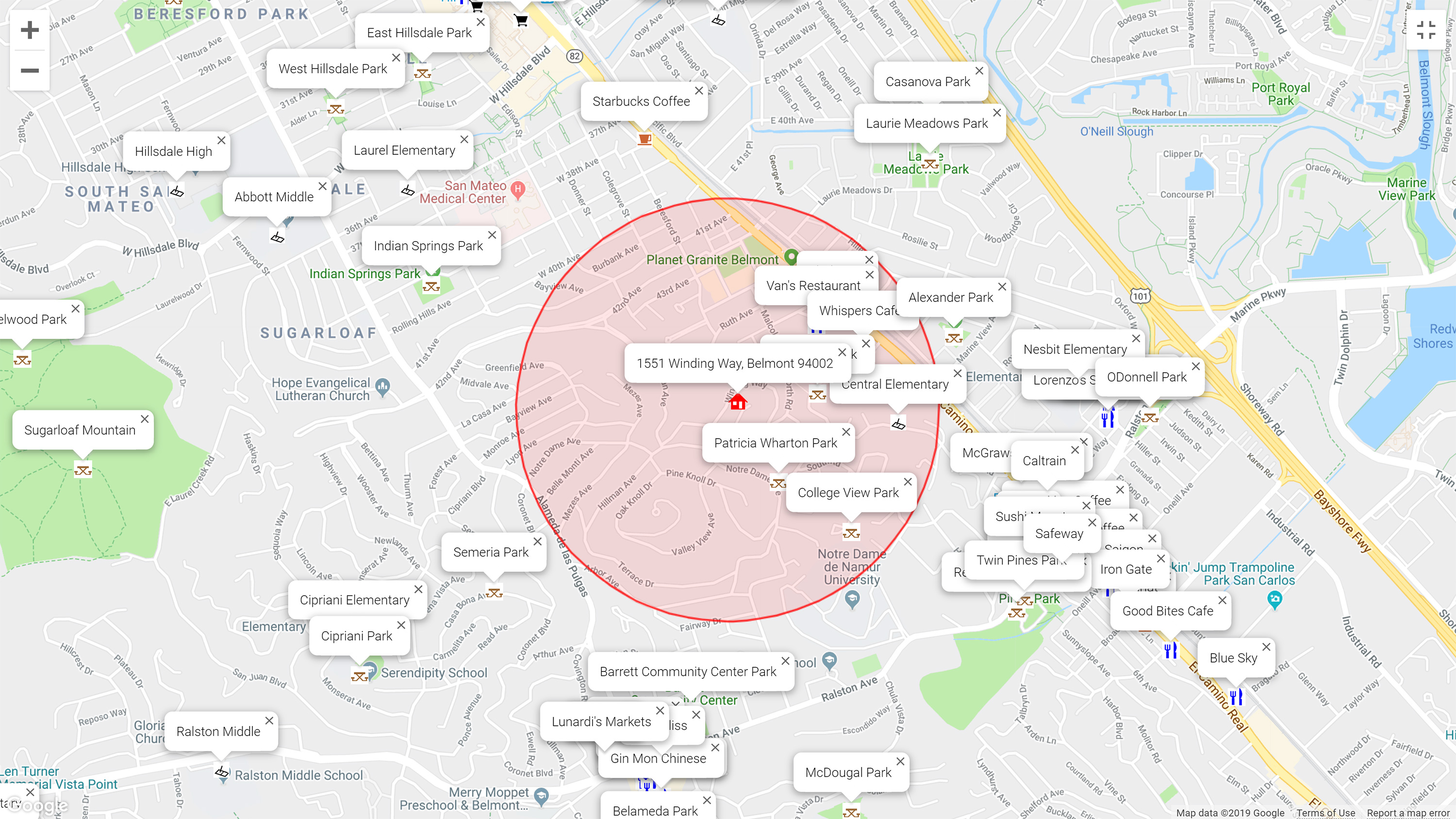 Map of attractions near 1551 Winding Way, Belmont 94002