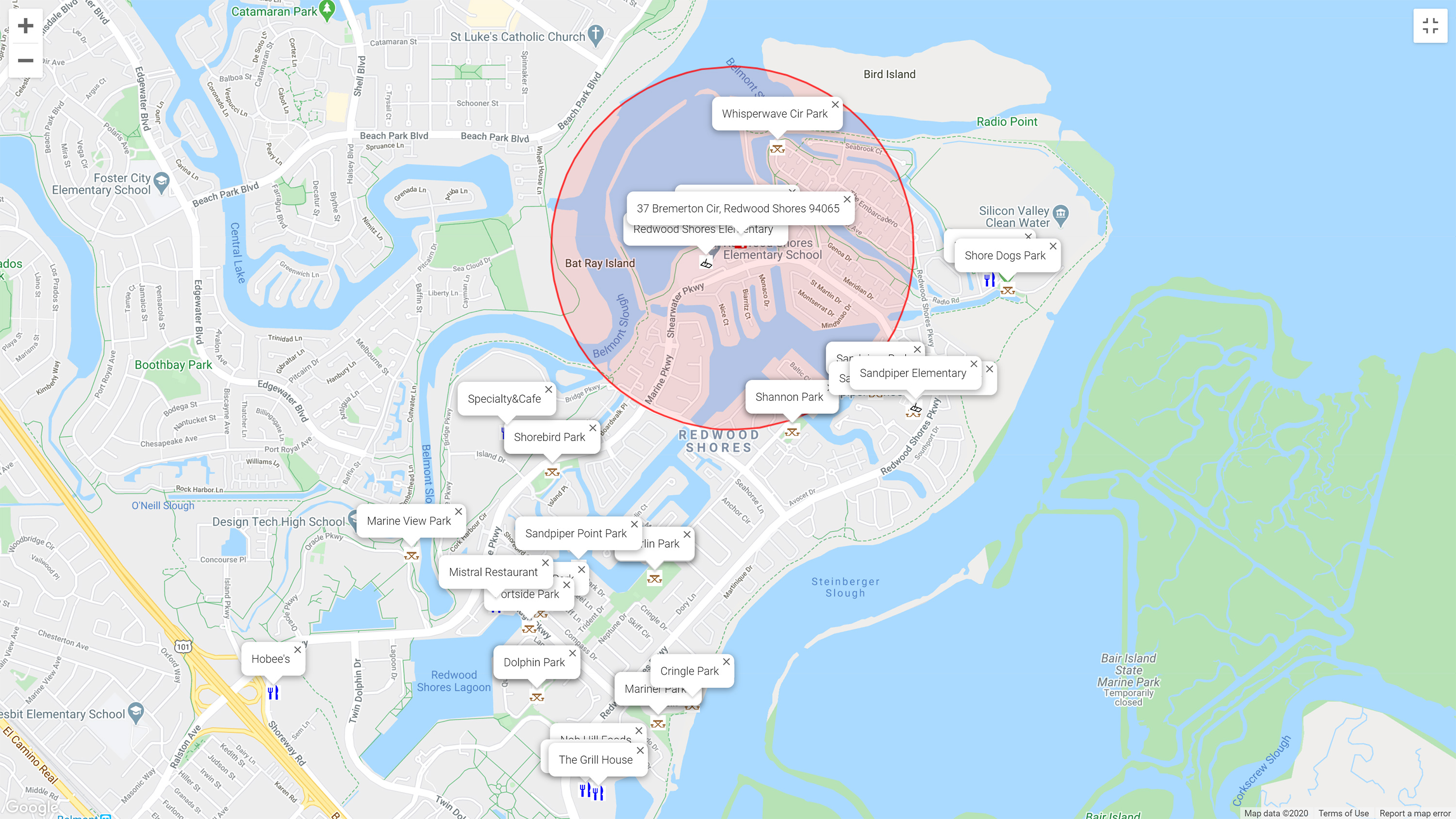 Map of attractions near 37 Bremerton Cir, Redwood Shores 94065