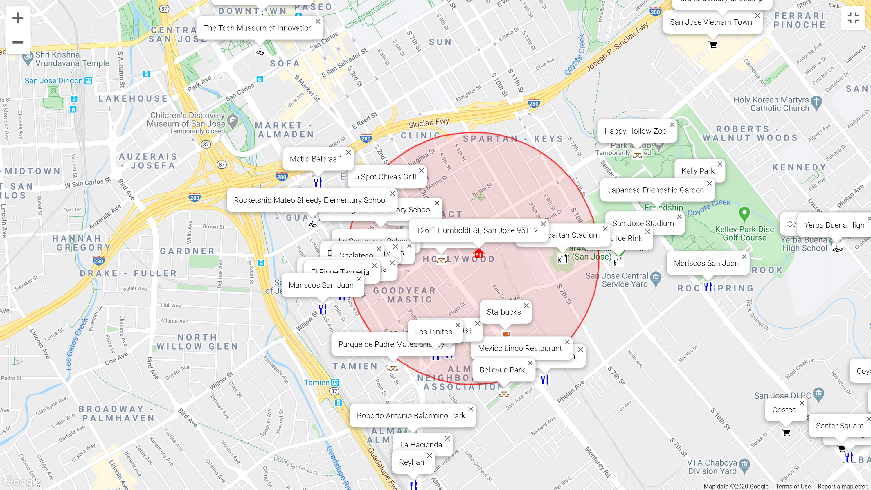 Map of attractions near 126 E Humboldt St, San Jose 95112