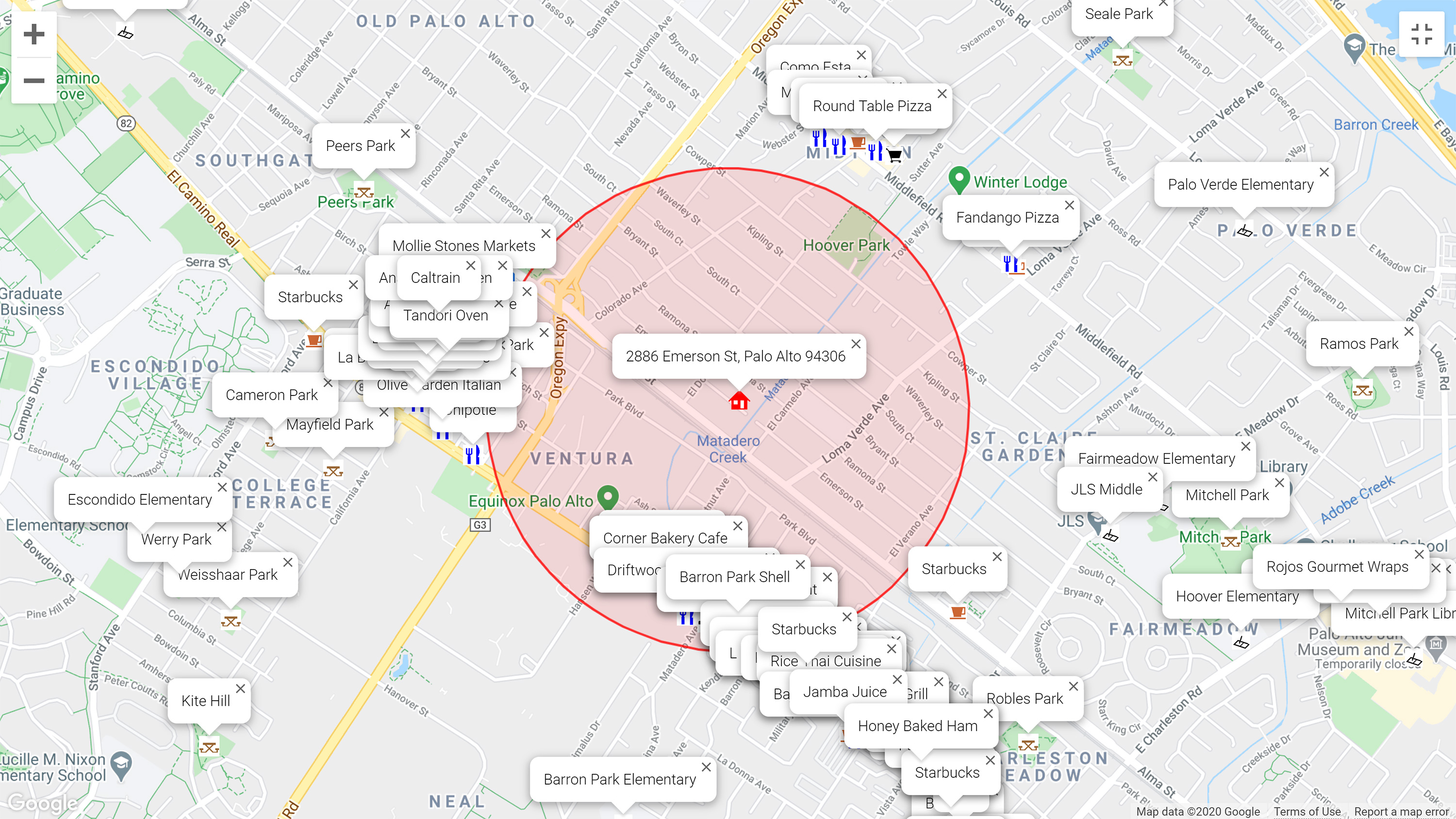 Map of attractions near 2886 Emerson St, Palo Alto 94306