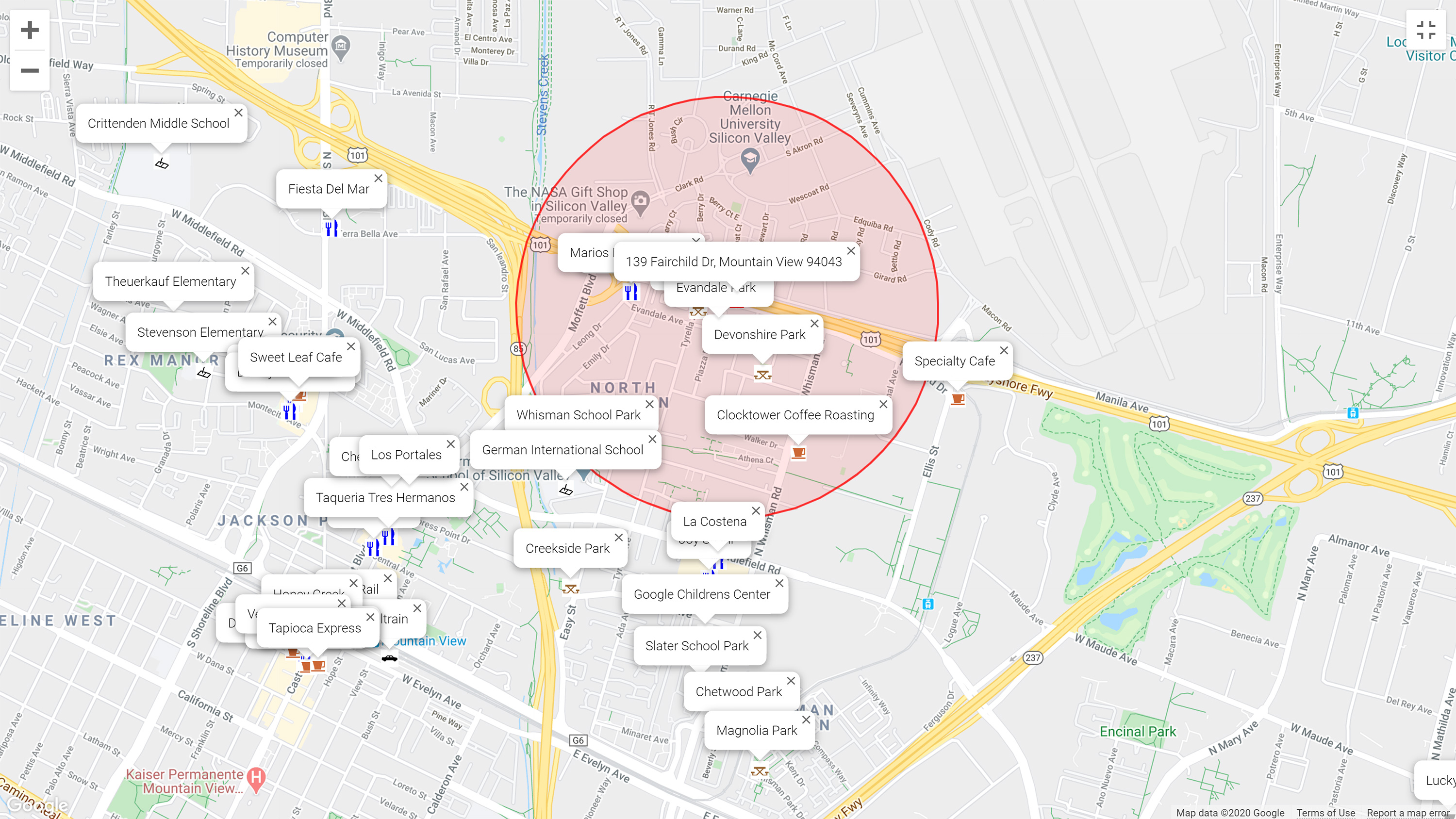 Map of attractions near 139 Fairchild Dr, Mountain View 94043