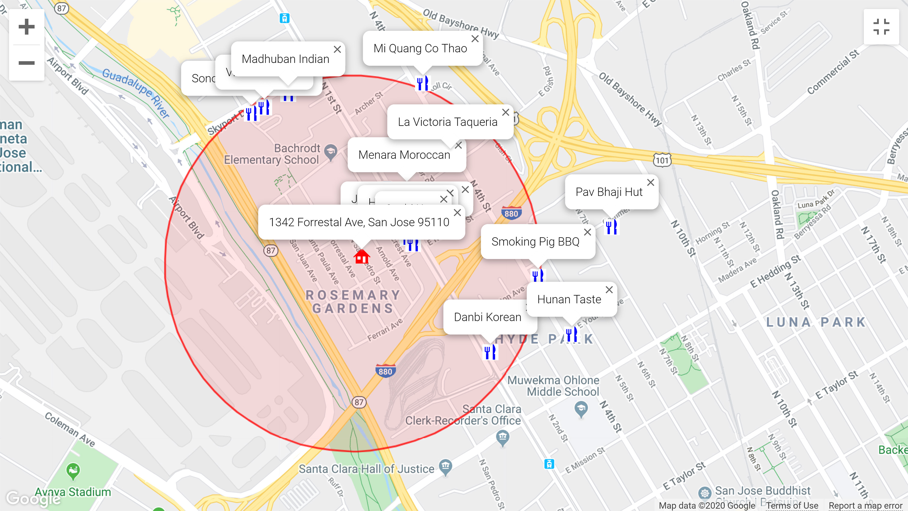 Map of attractions near 1342 Forrestal Ave, San Jose 95110