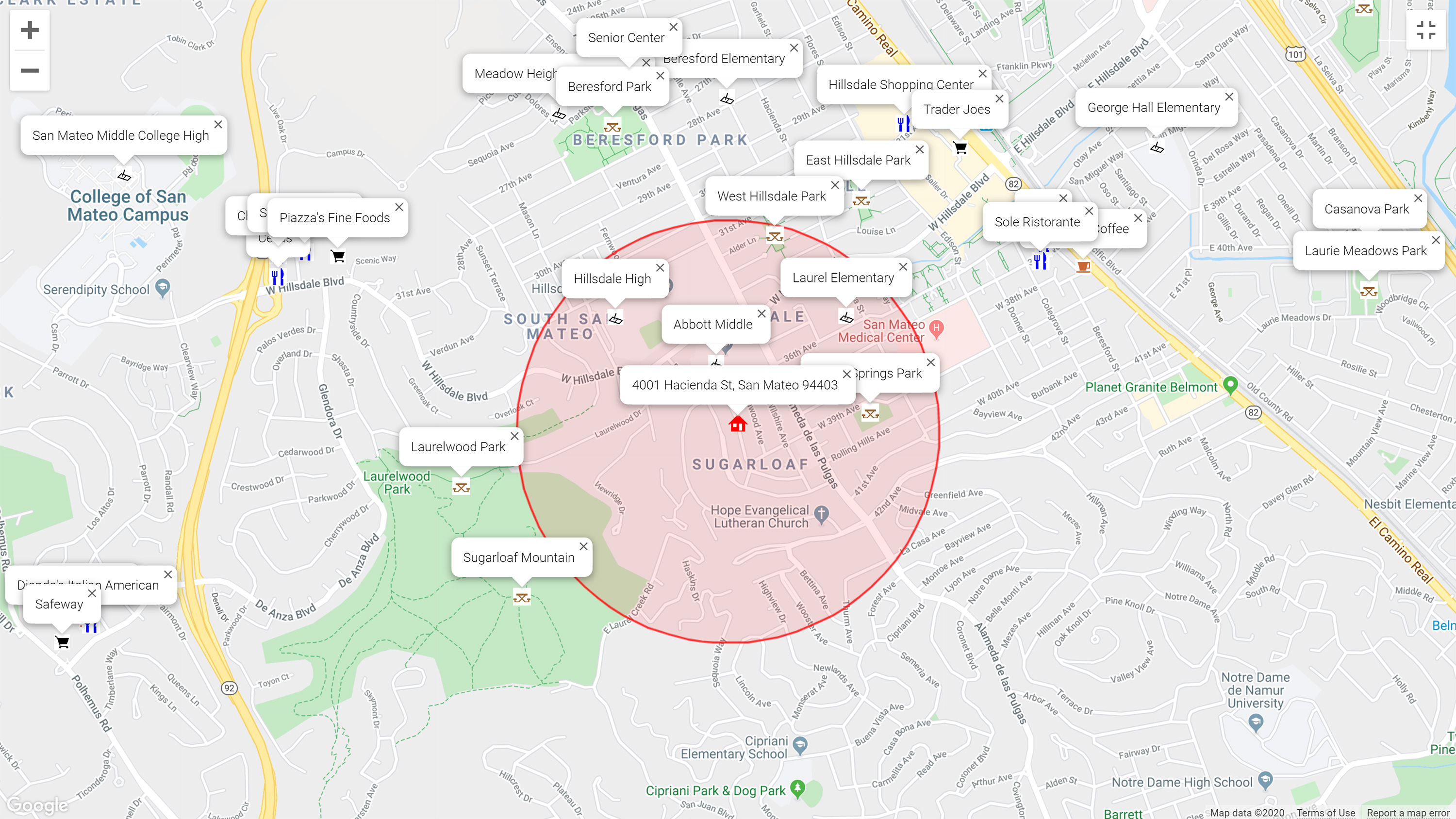 Map of attractions near 4001 Hacienda St, San Mateo 94403