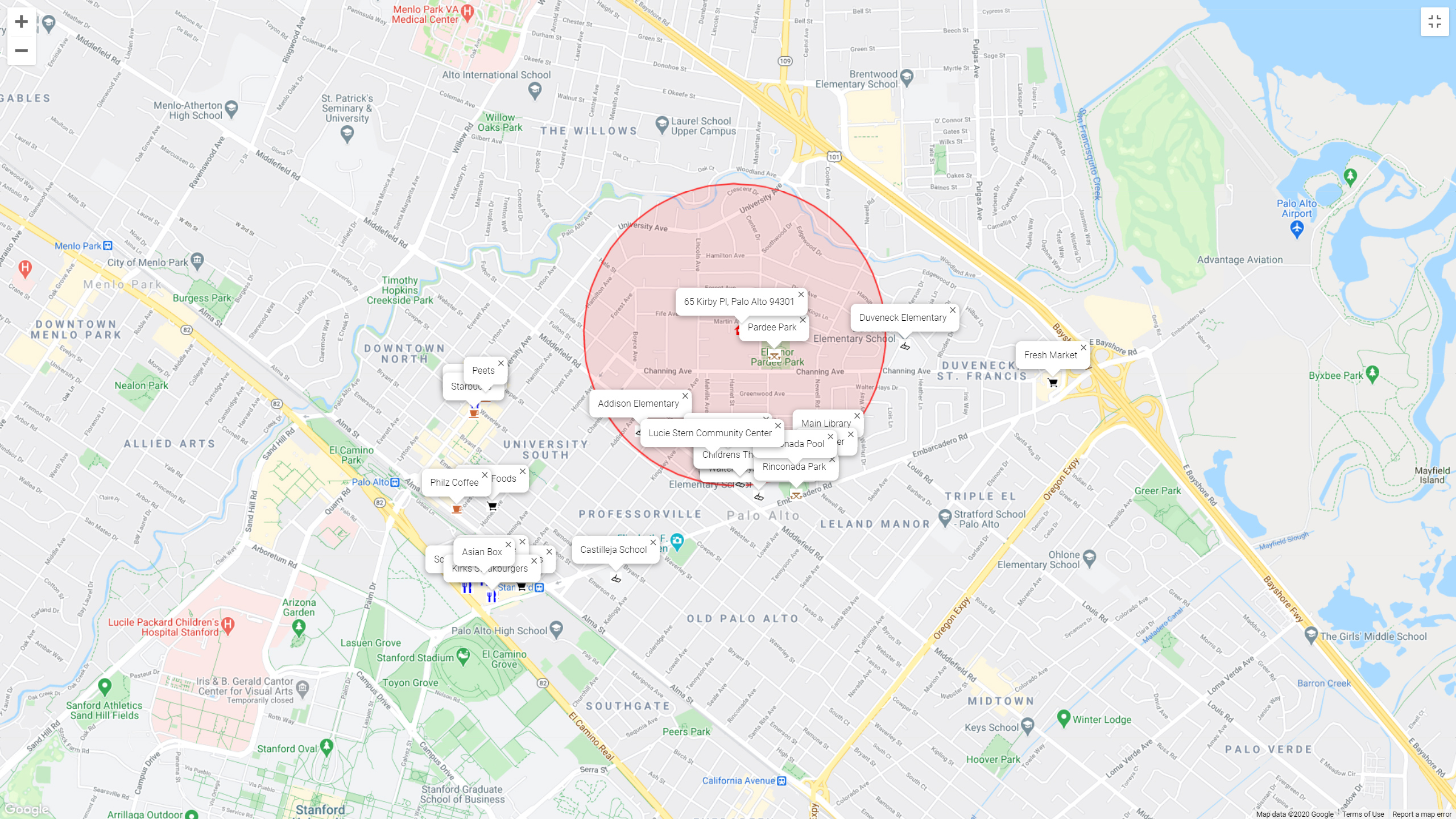 Map of attractions near 65 Kirby Pl, Palo Alto 94301