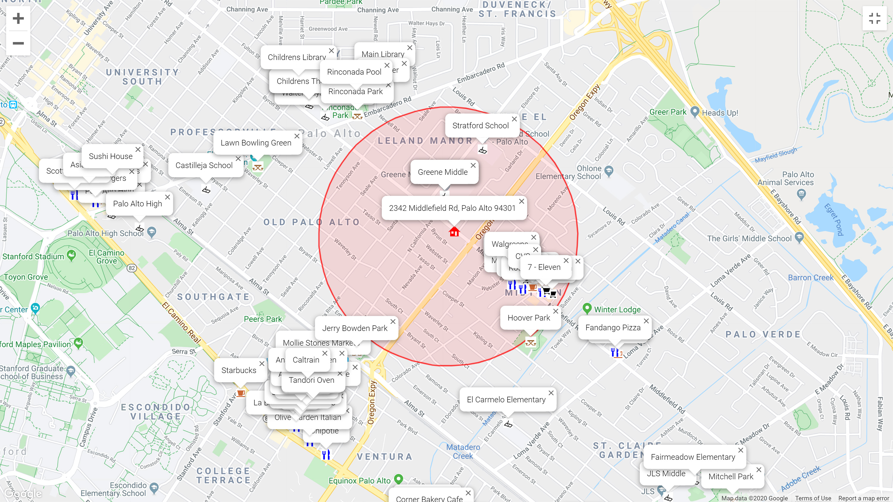 Map of attractions near 2342 Middlefield Rd, Palo Alto 94301