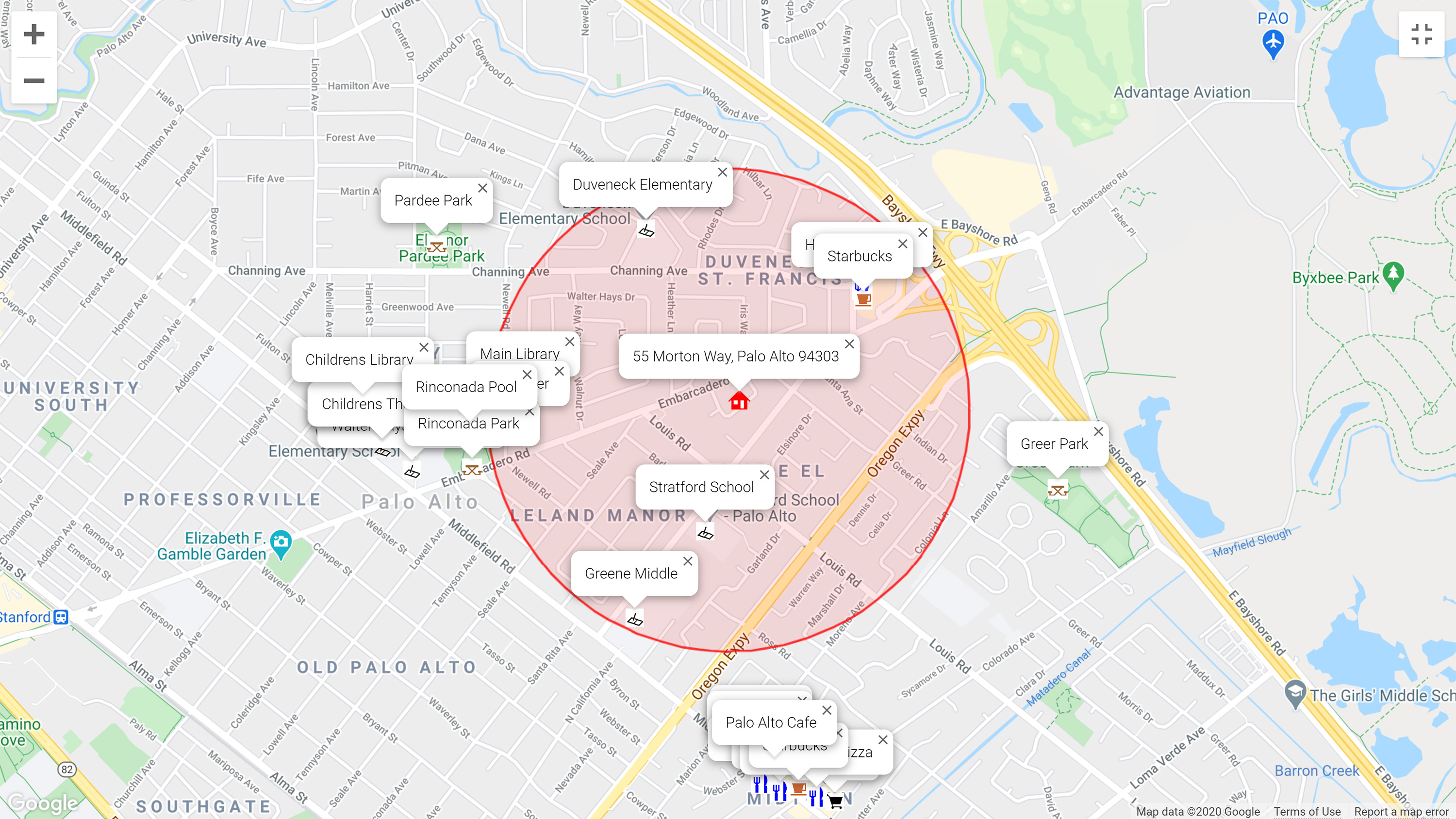 Map of attractions near 55 Morton Way, Palo Alto 94303