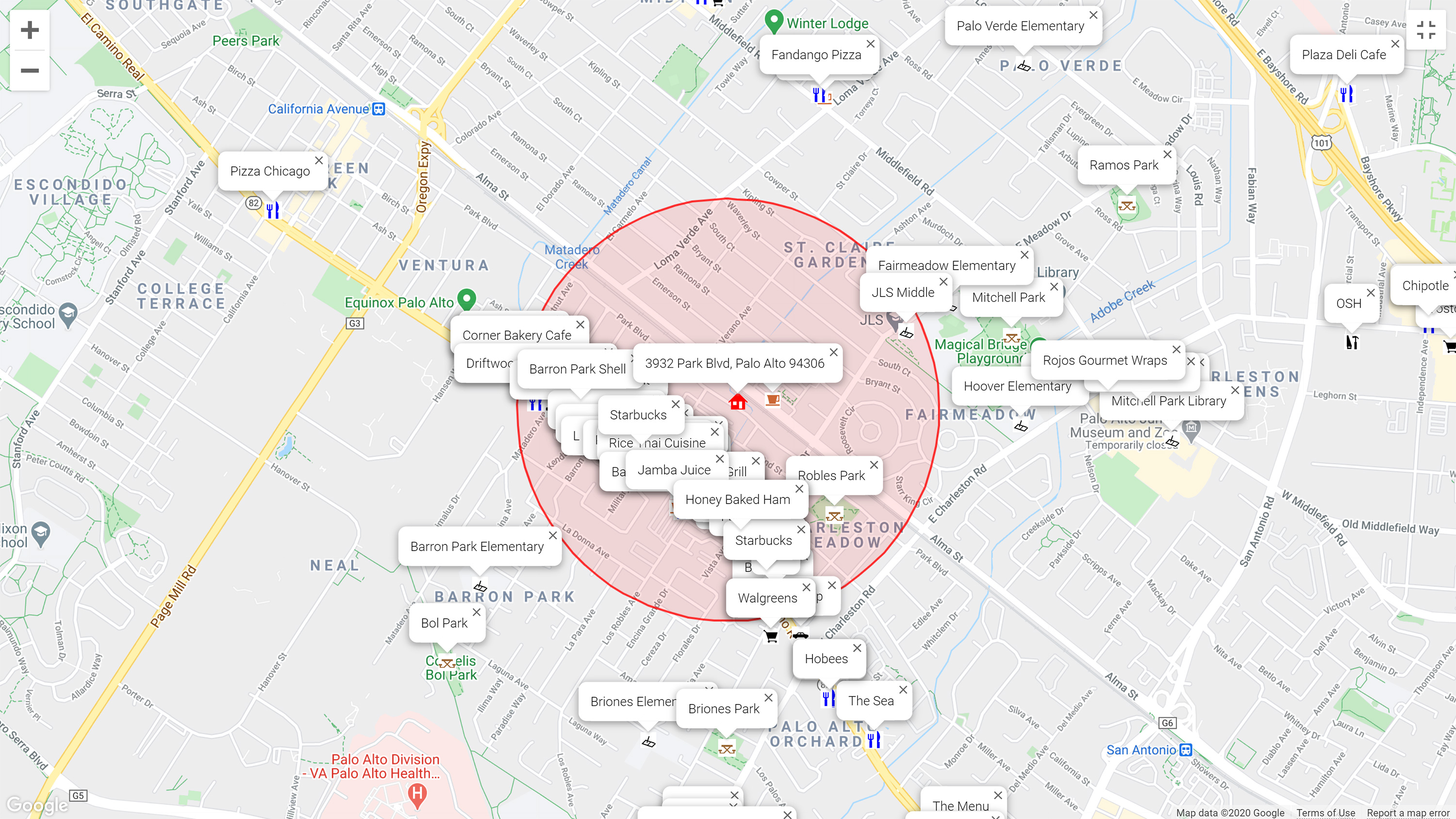Map of attractions near 3932 Park Blvd, Palo Alto 94306