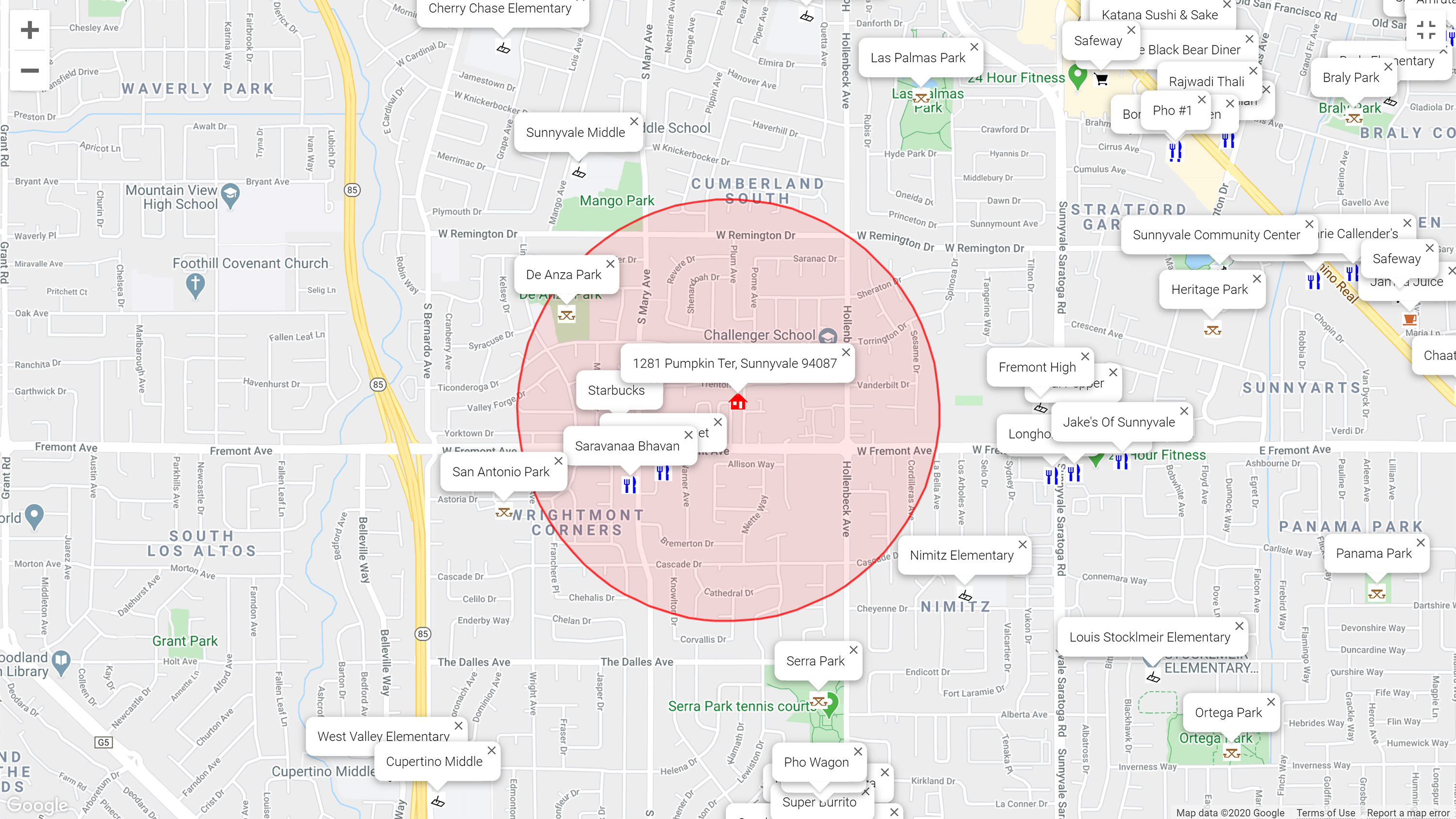 Map of attractions near 1281 Pumpkin Ter, Sunnyvale 94087