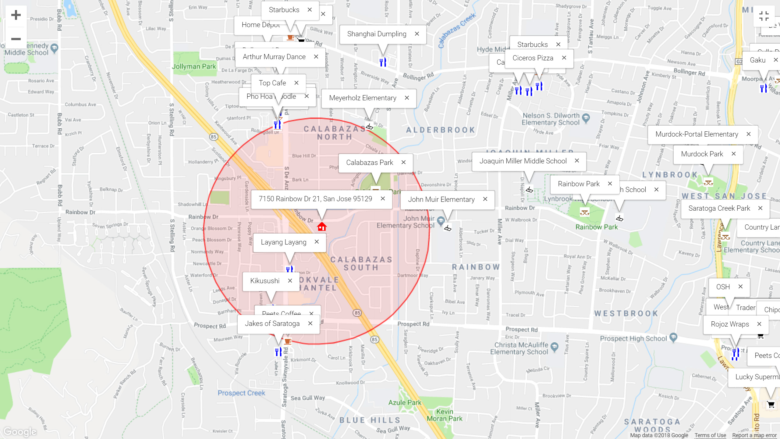 Map of attractions near 7150 Rainbow Dr 21, San Jose 95129