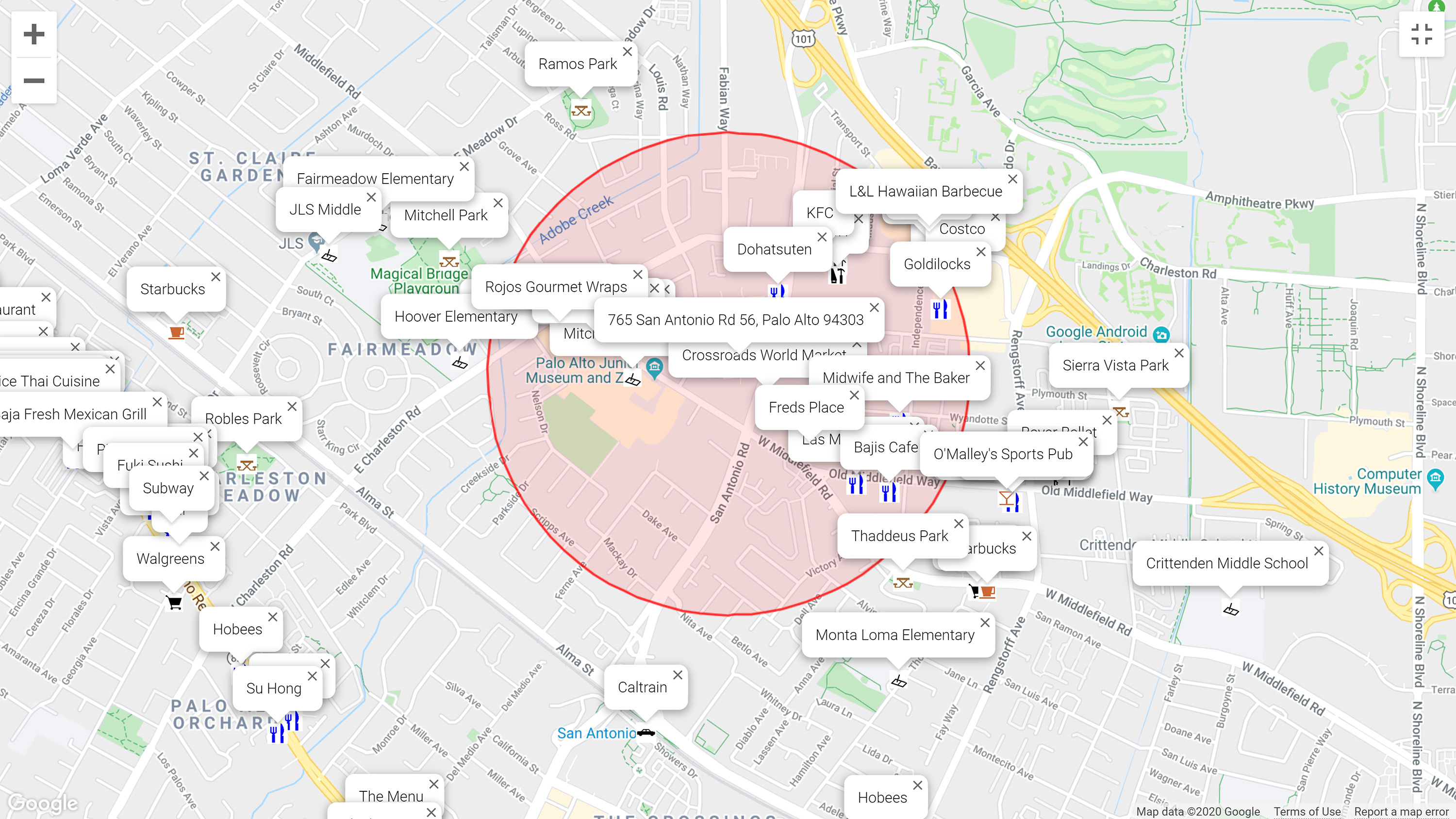Map of attractions near 765 San Antonio Rd 56, Palo Alto 94303