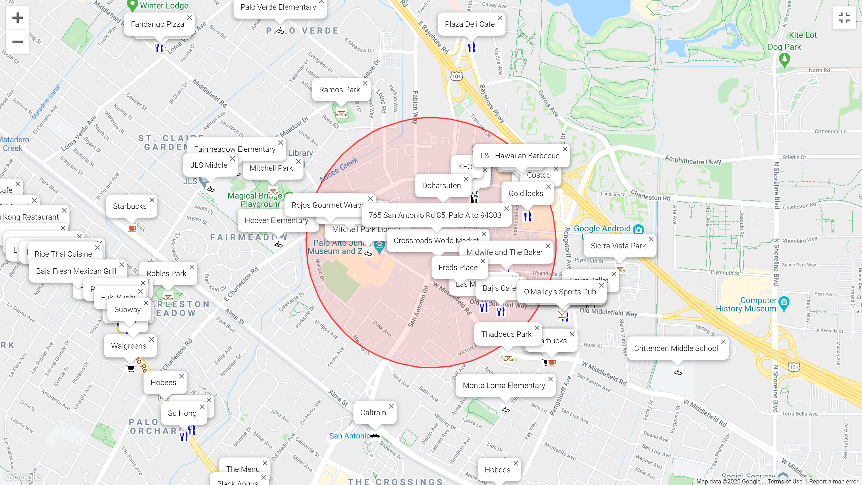 Map of attractions near 765 San Antonio Rd 85, Palo Alto 94303