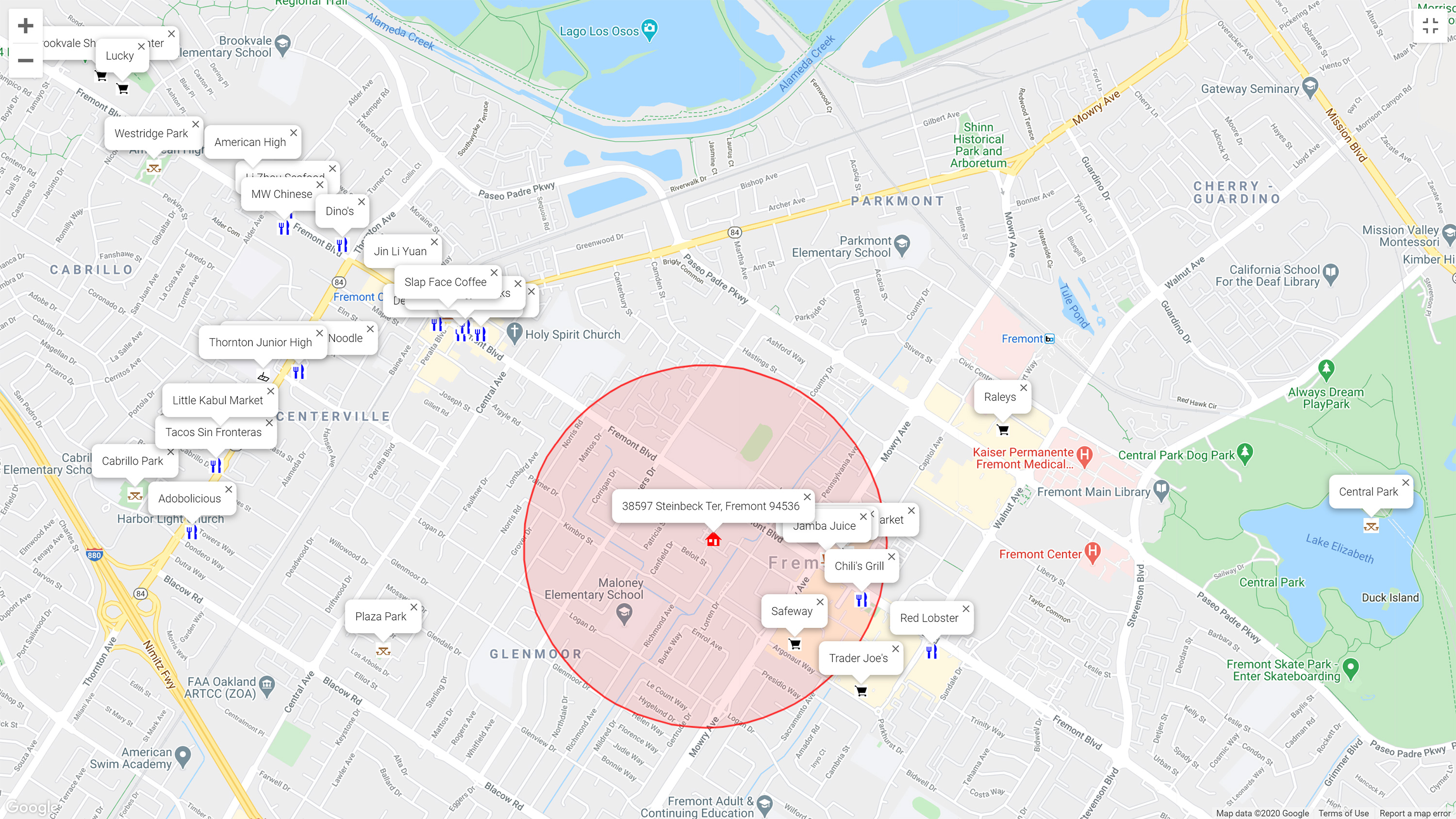 Map of attractions near 38597 Steinbeck Ter, Fremont 94536