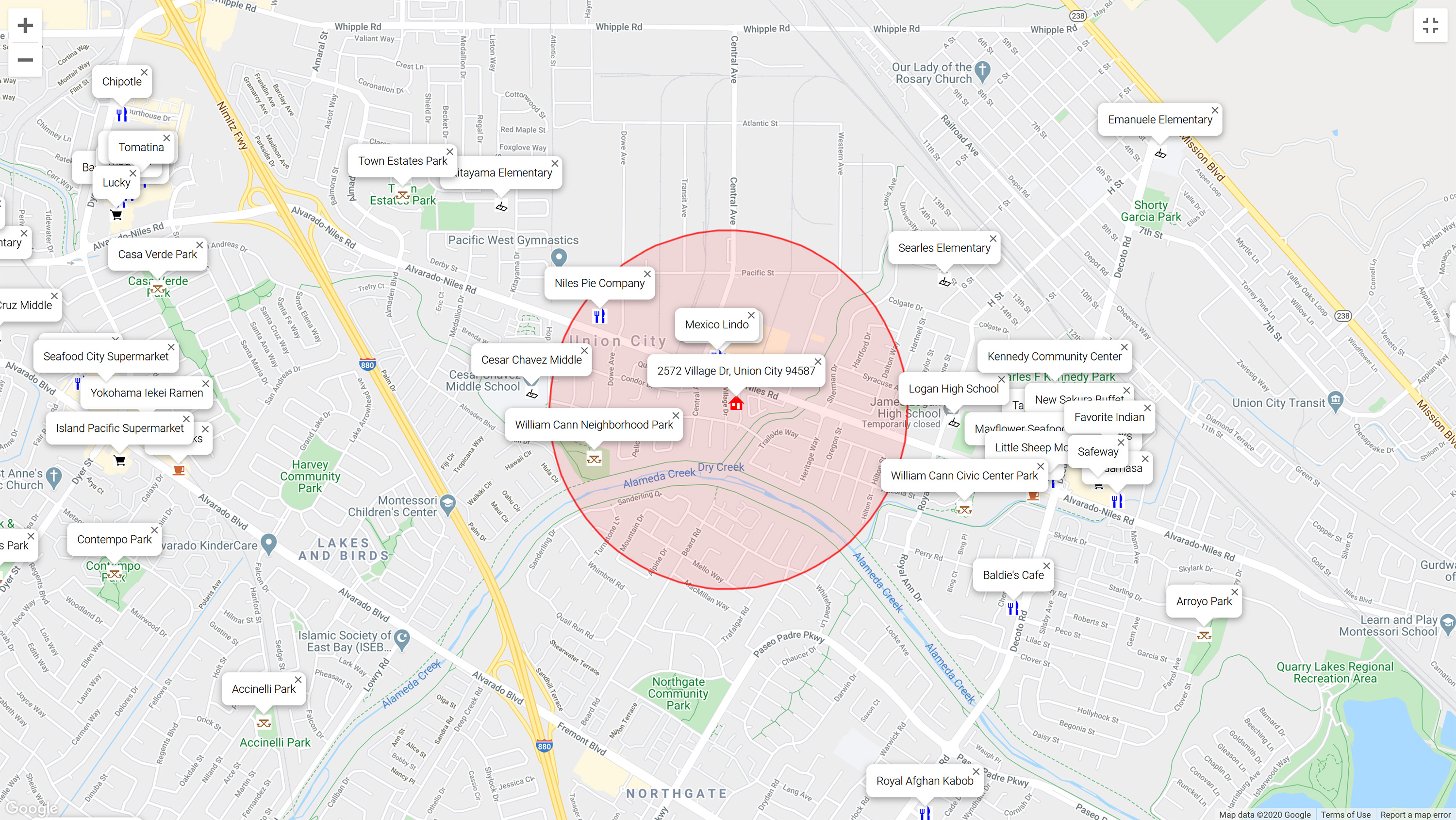 Map of attractions near 2572 Village Dr, Union City 94587