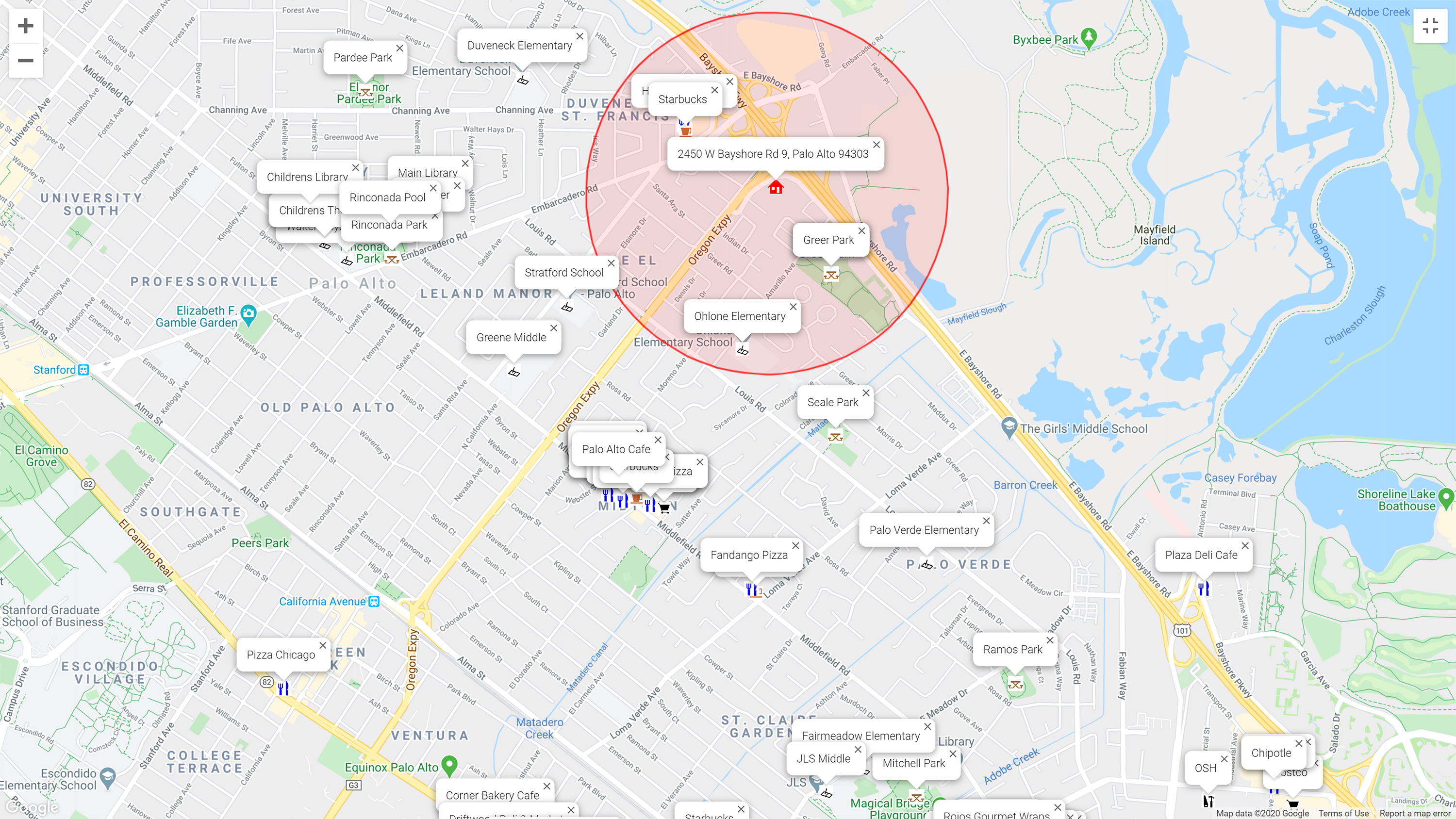 Map of attractions near 2450 W Bayshore Rd 9, Palo Alto 94303