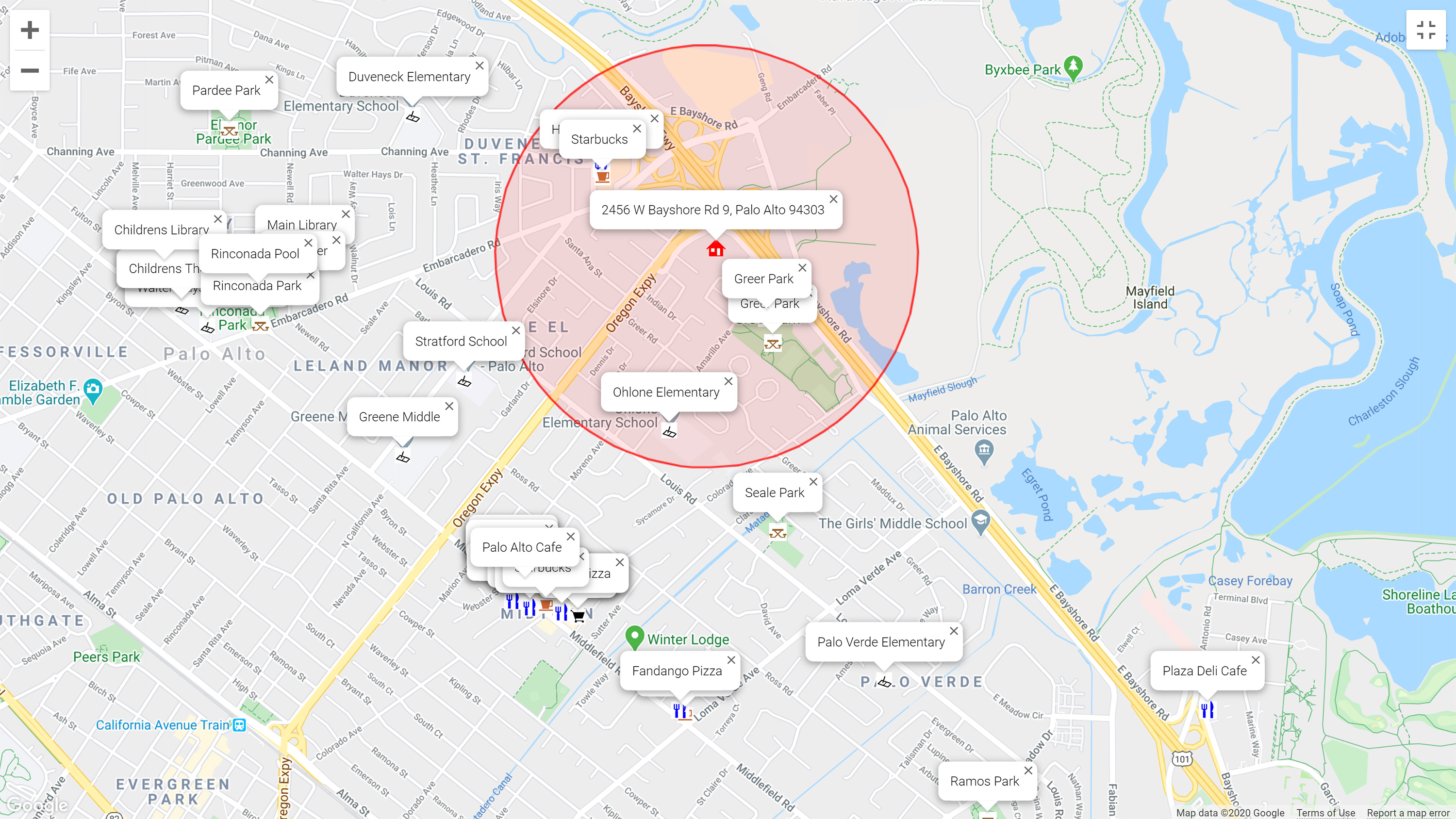 Map of attractions near 2456 W Bayshore Rd 9, Palo Alto 94303