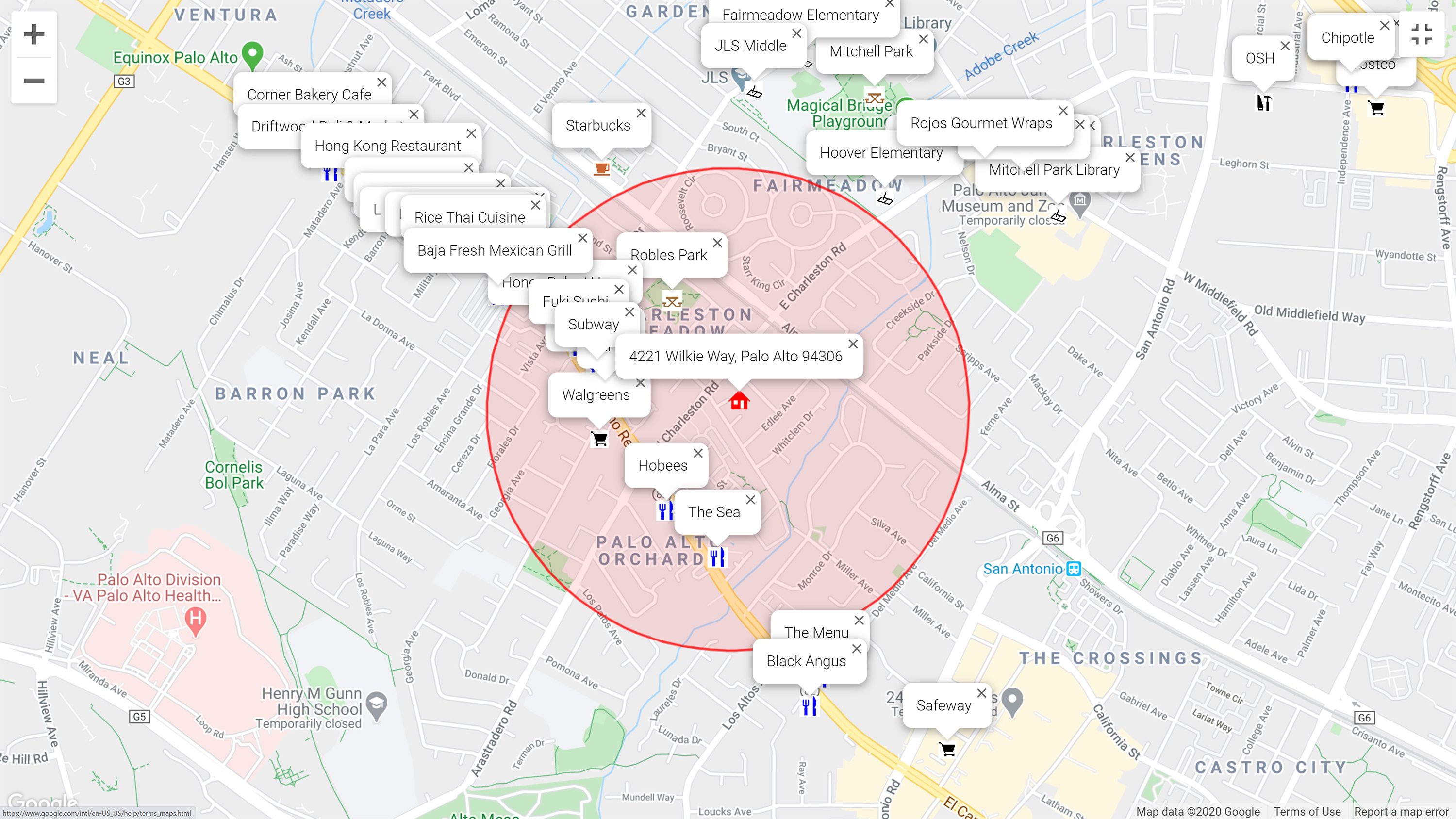 Map of attractions near 4221 Wilkie Way, Palo Alto 94306