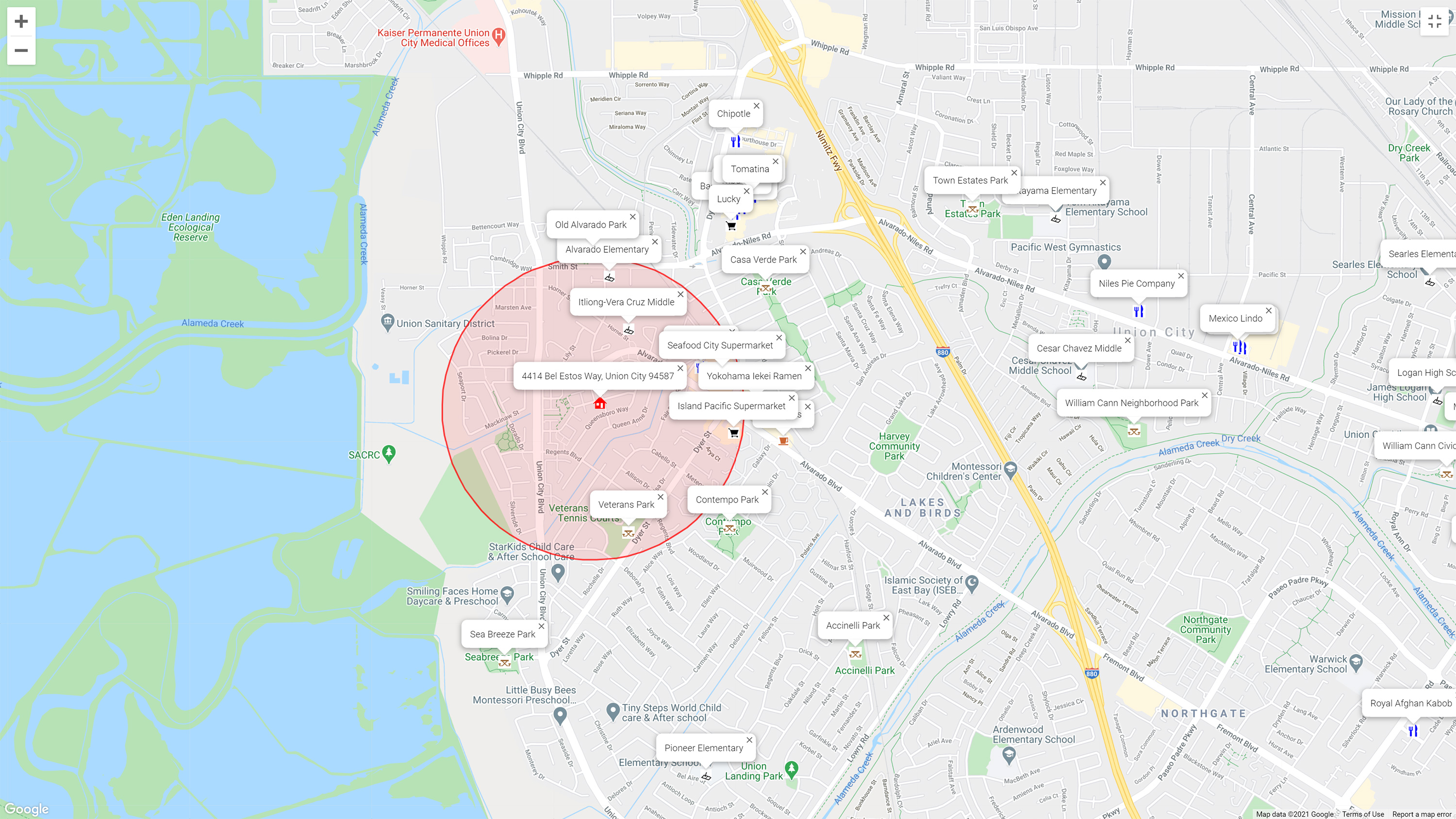 Map of attractions near 4414 Bel Estos Way, Union City 94587