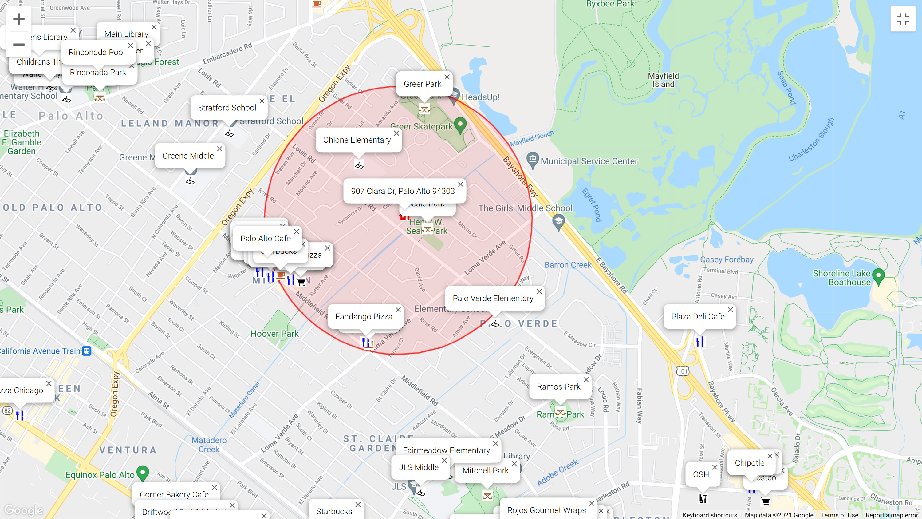 Map of attractions near 907 Clara Dr, Palo Alto 94303