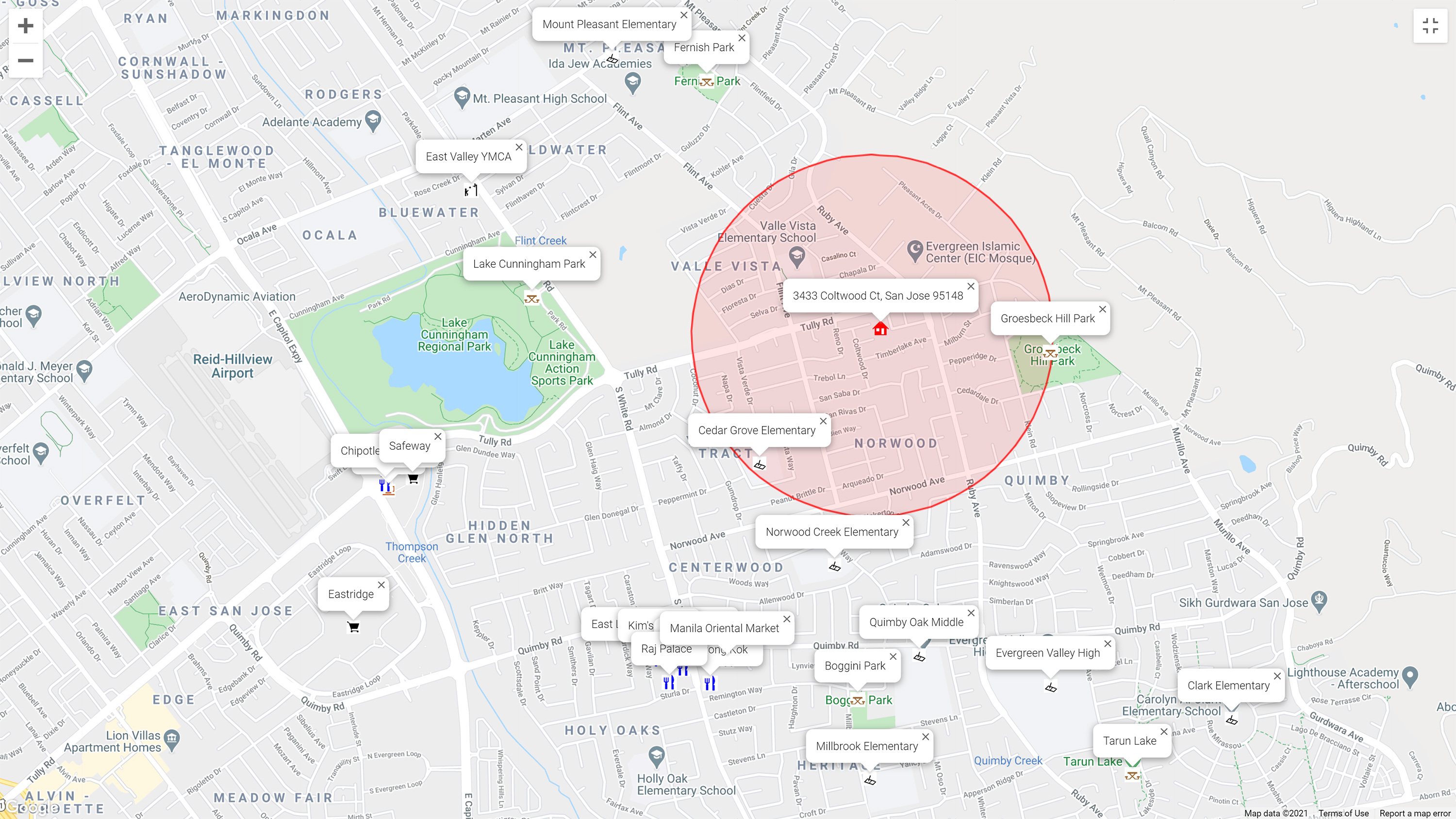 Map of attractions near 3433 Coltwood Ct, San Jose 95148