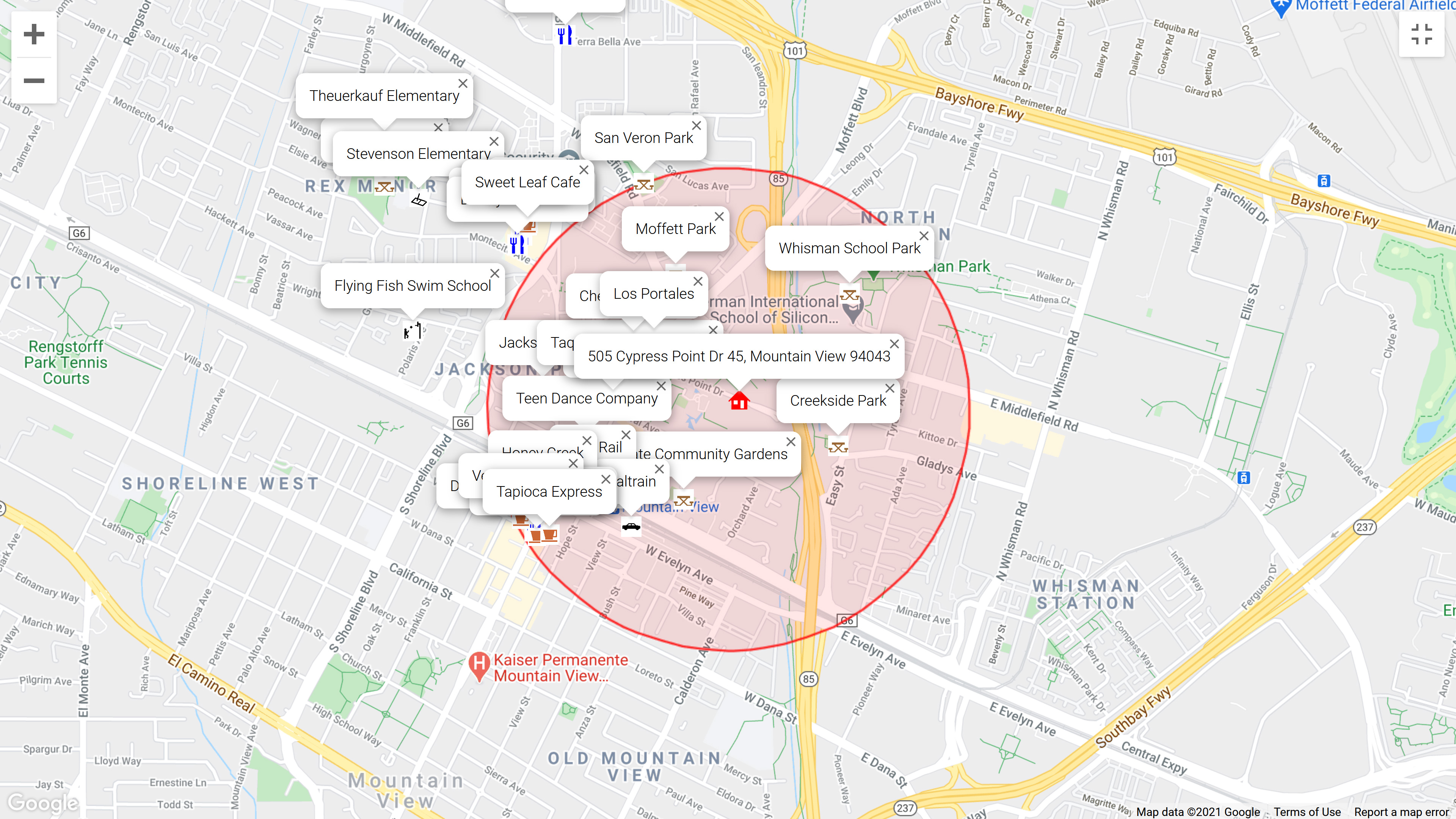 Map of attractions near 505 Cypress Point Dr 45, Mountain View 94043