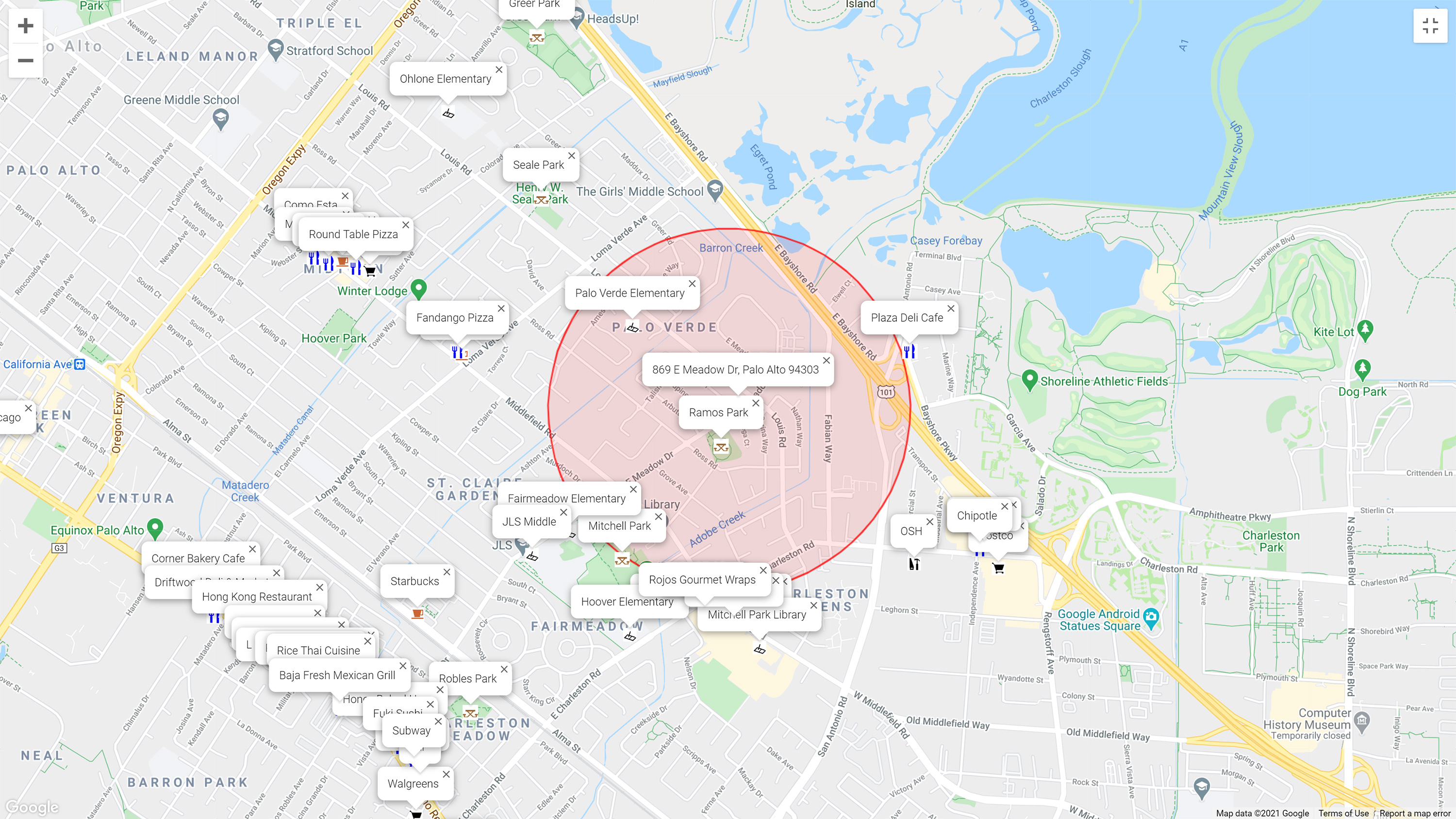 Map of attractions near 869 E Meadow Dr, Palo Alto 94303