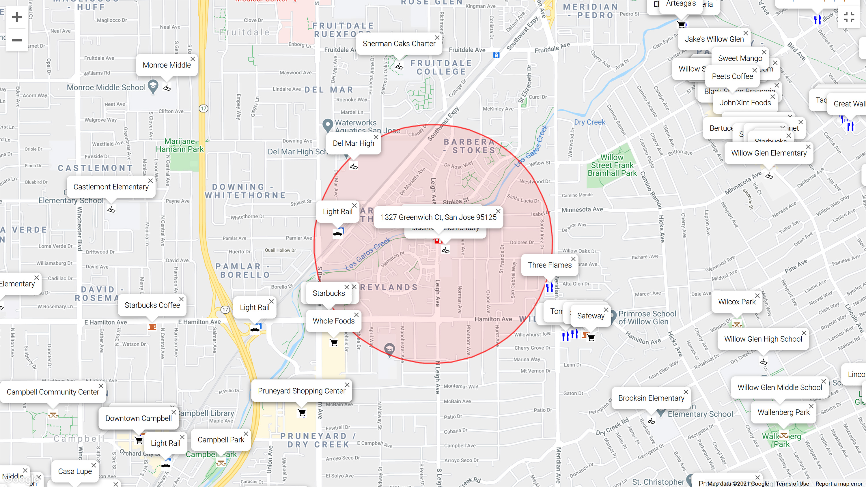 Map of attractions near 1327 Greenwich Ct, San Jose 95125