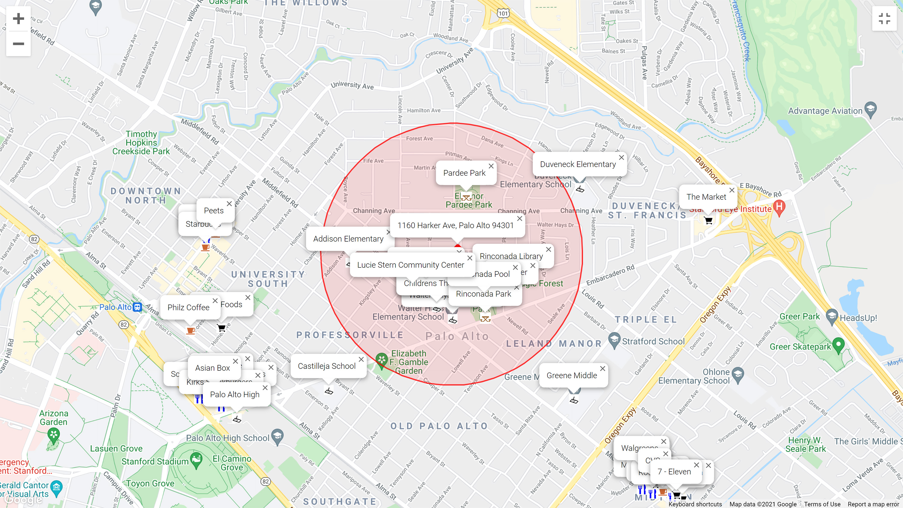 Map of attractions near 1160 Harker Ave, Palo Alto 94301