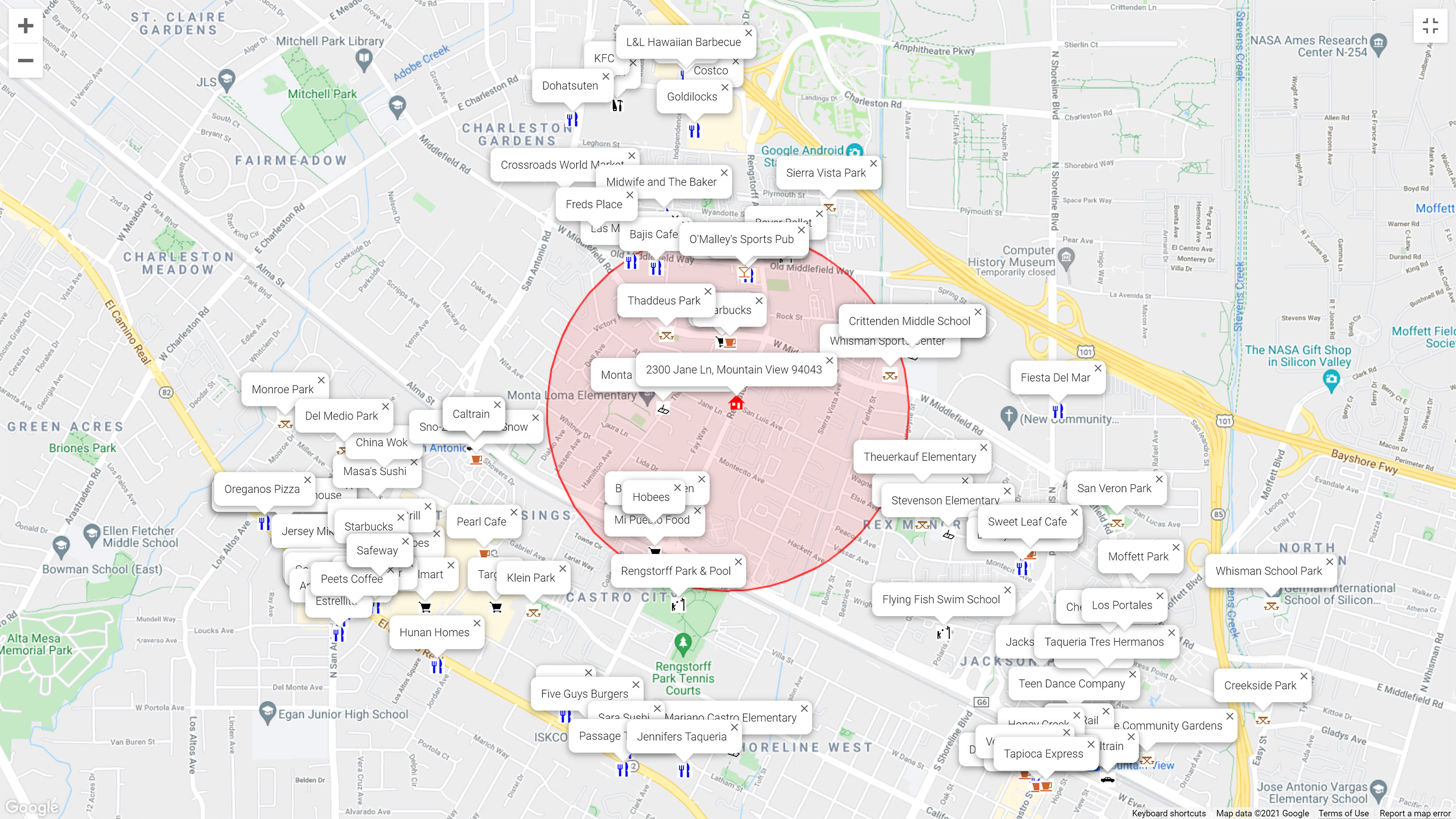 Map of attractions near 2300 Jane Ln, Mountain View 94043
