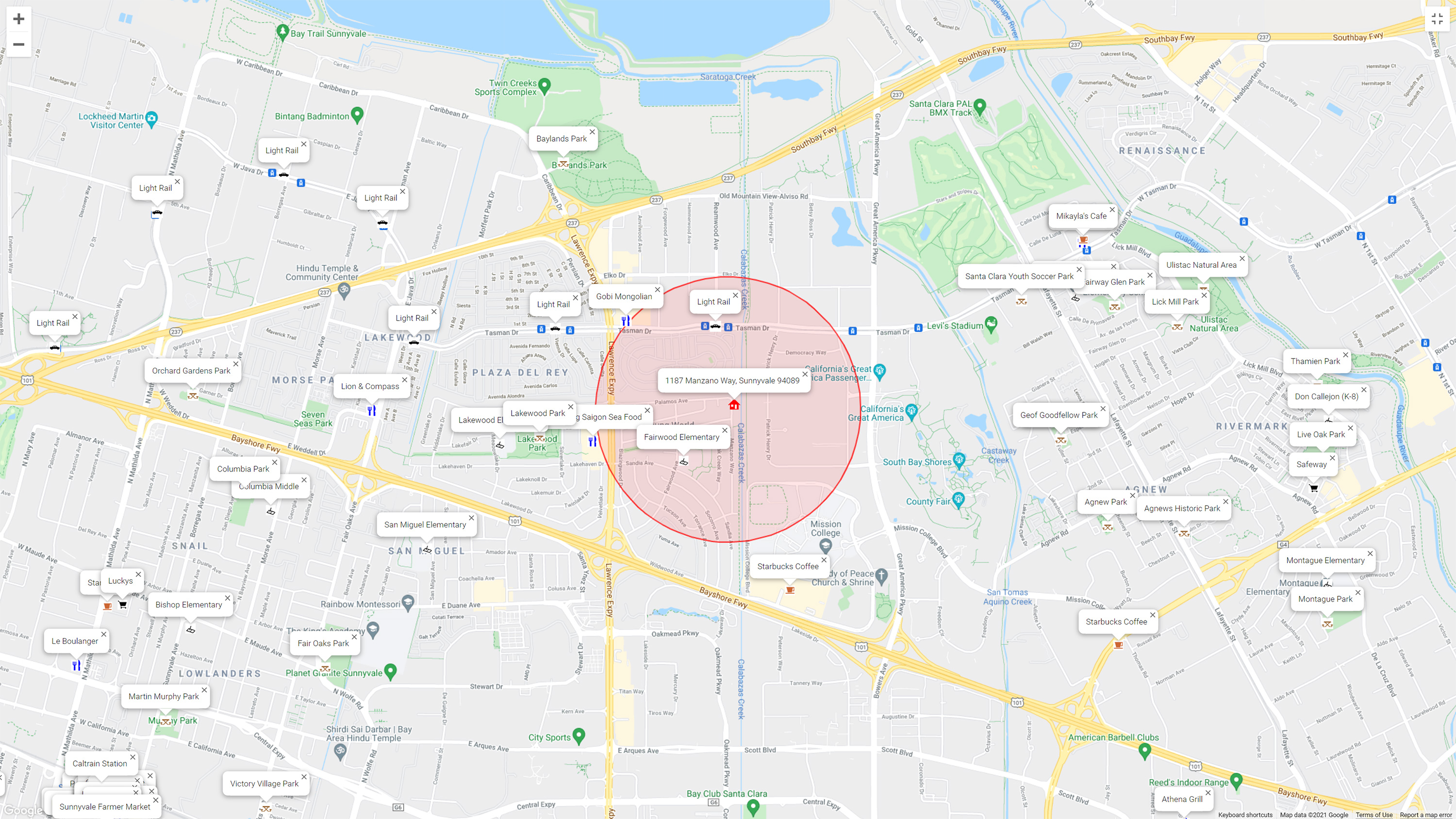 Map of attractions near 1187 Manzano Way, Sunnyvale 94089