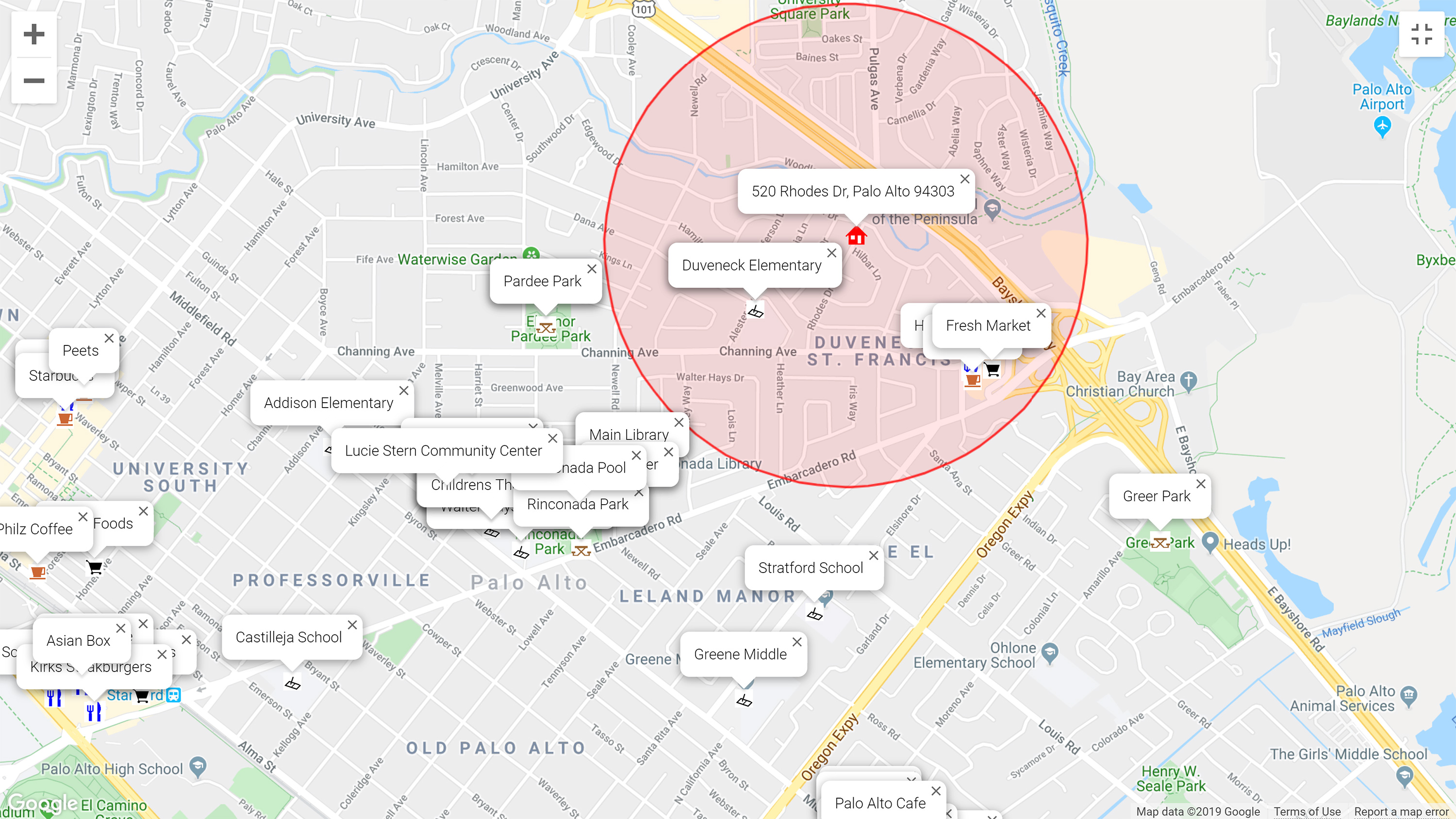 Map of attractions near 520 Rhodes Dr, Palo Alto 94303